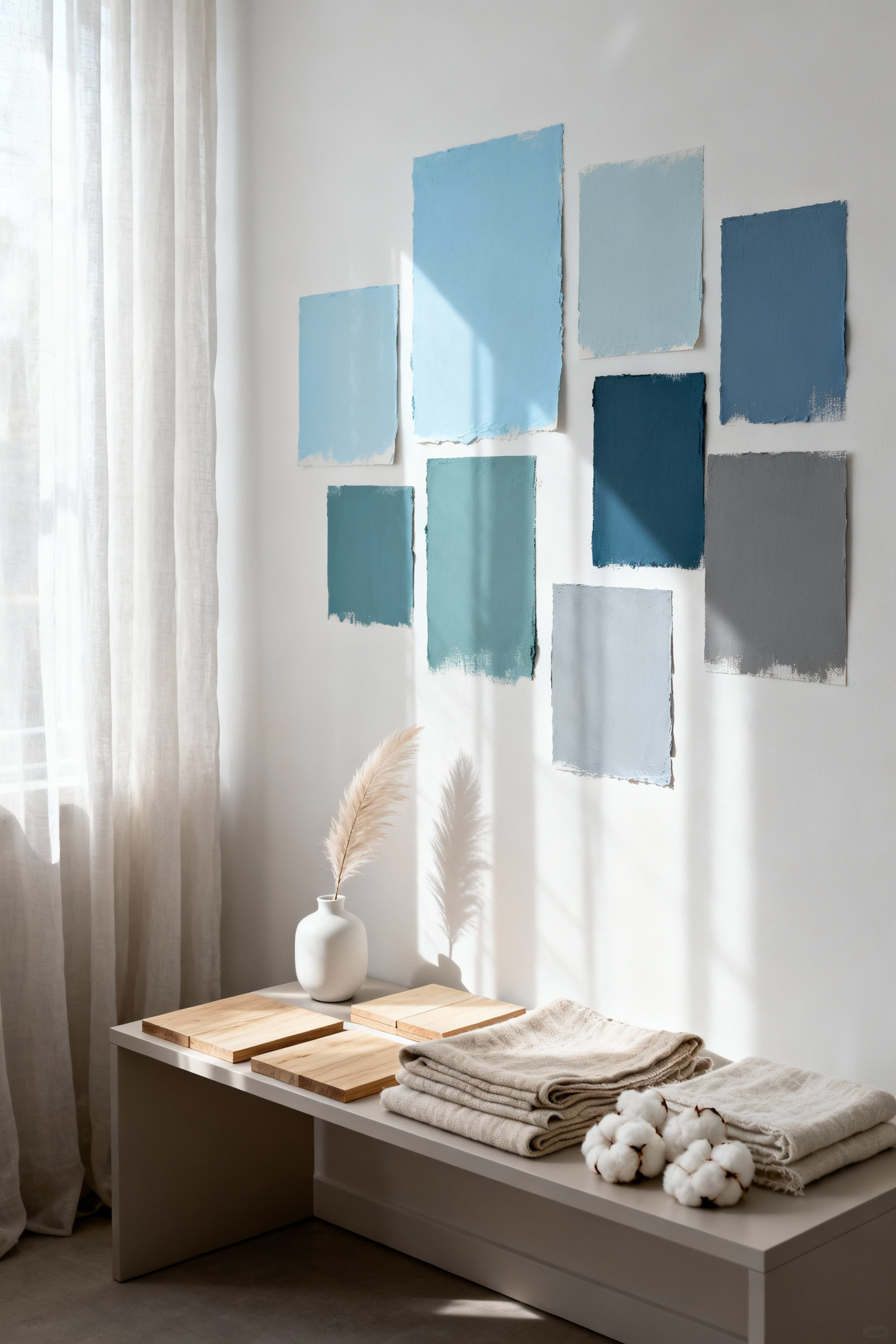 Bedroom scene displaying various blue paint swatches and natural material samples for selecting calming blue hues, with soft natural light
