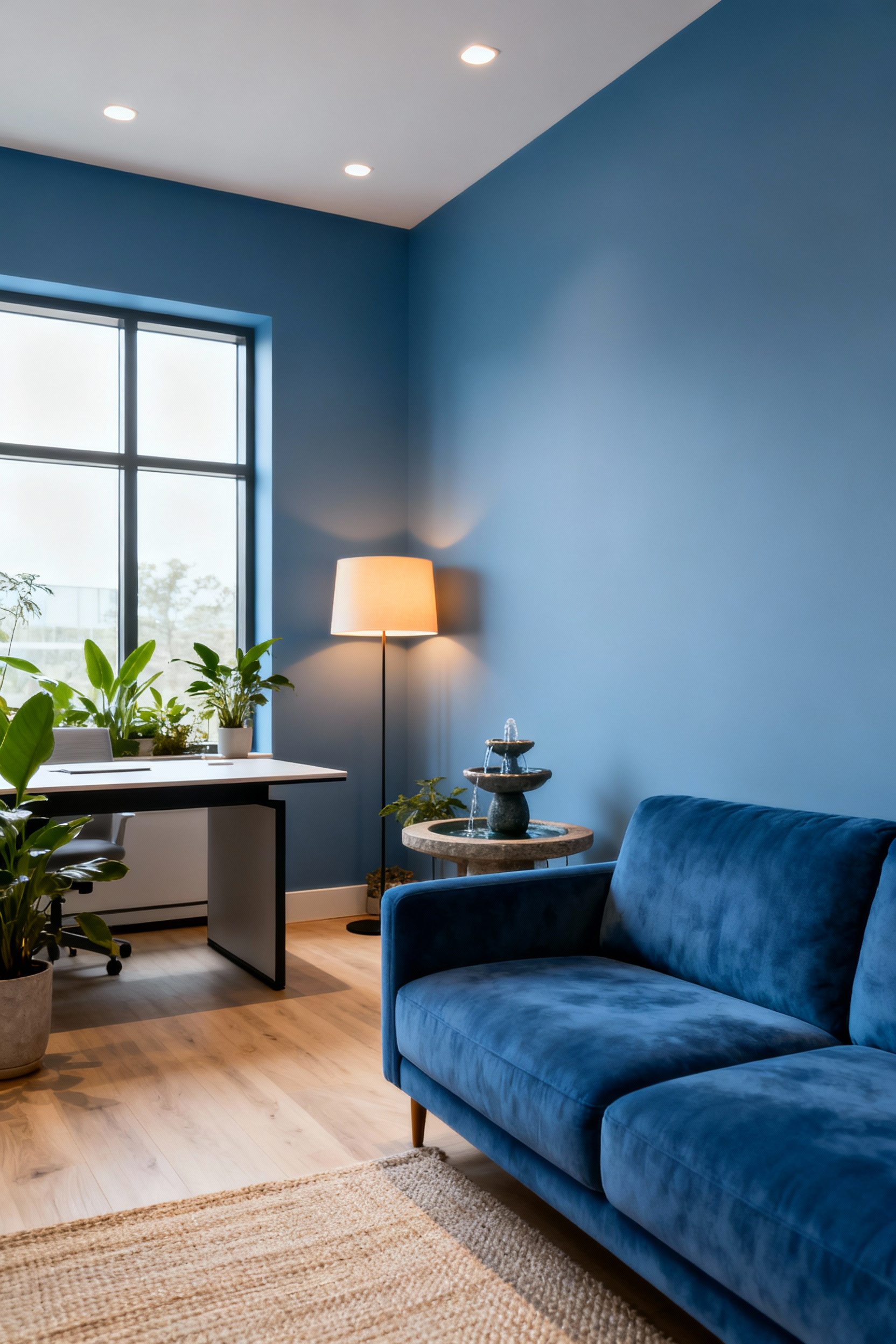 Serene open-concept living space with muted blue decor, indoor plants, and soft lighting, creating a wellness ecosystem.