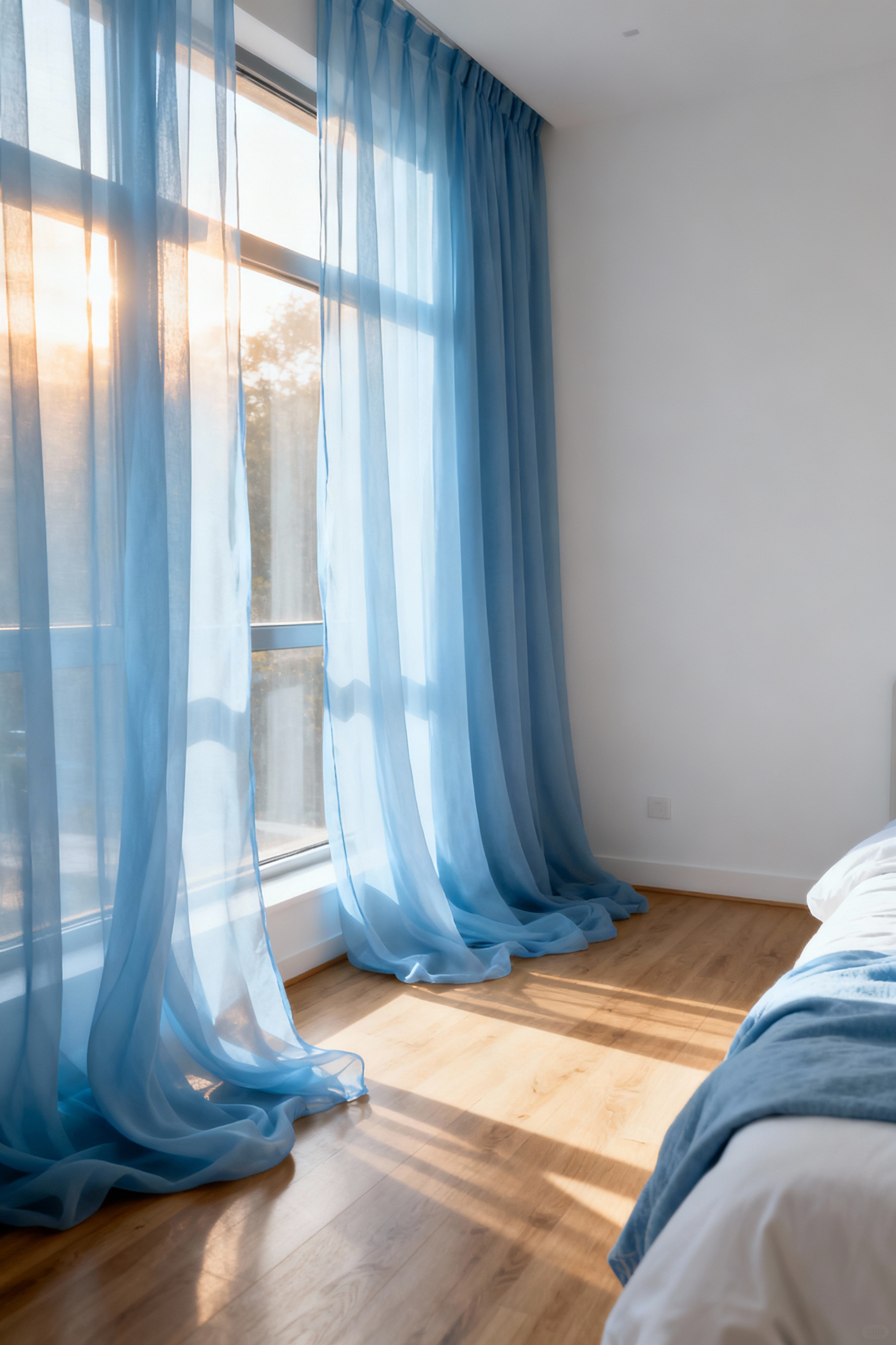 A peaceful bedroom with sheer sky-blue curtain panels gently filtering natural light, creating a calm and serene atmosphere.
