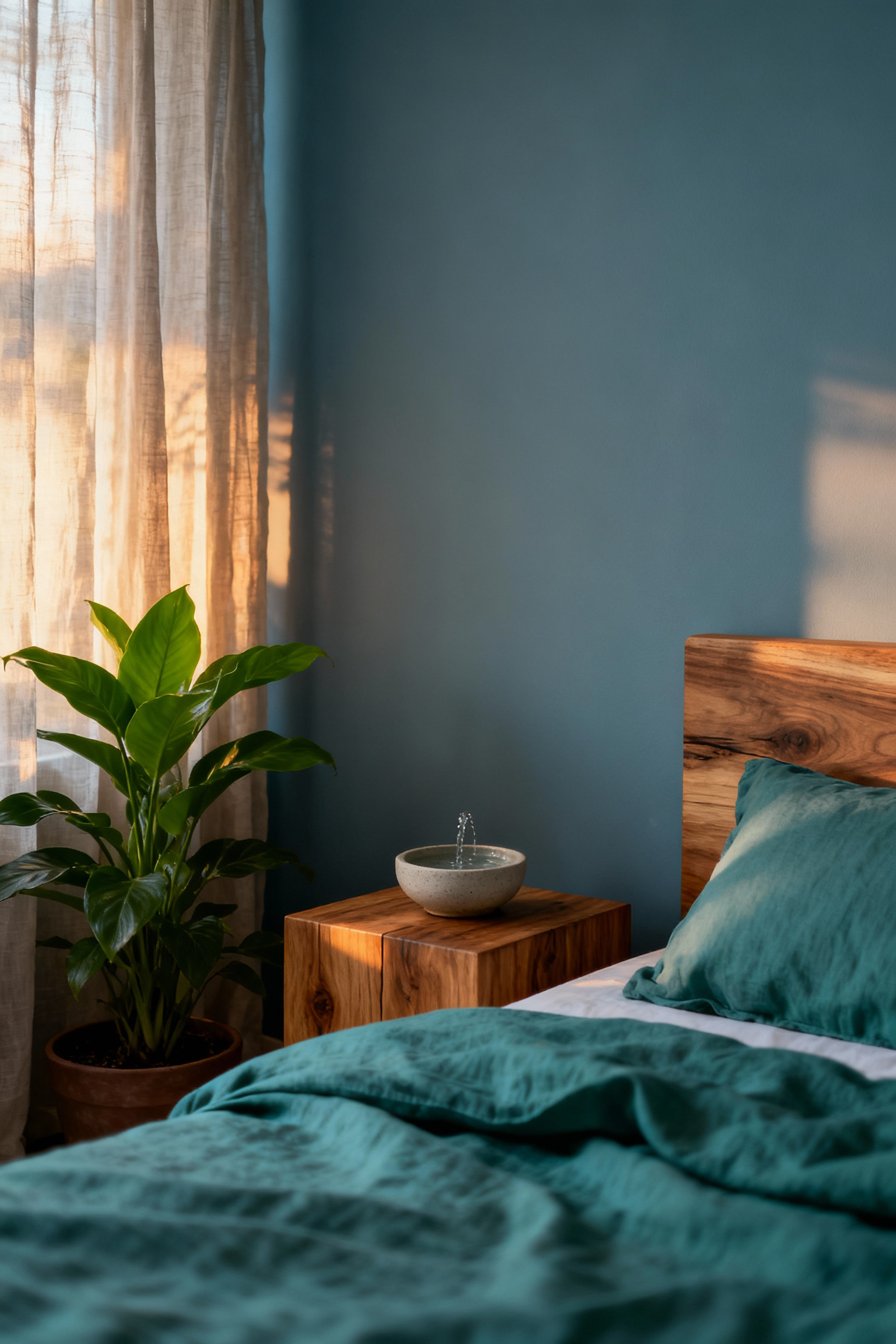 Serene blue bedroom promoting sleep and mindfulness, featuring soft blue walls, linen bedding, natural wood furniture, and calming ambient light. Ideal for creating a tranquil sanctuary.