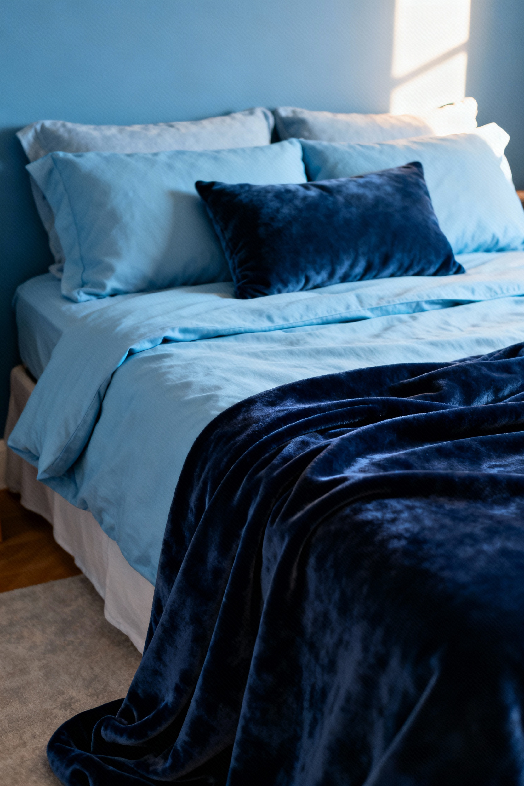Serene blue bedroom featuring layered textures, including crisp periwinkle linen bedding and soft, deep indigo velvet throw pillows and blanket draped over the bed.