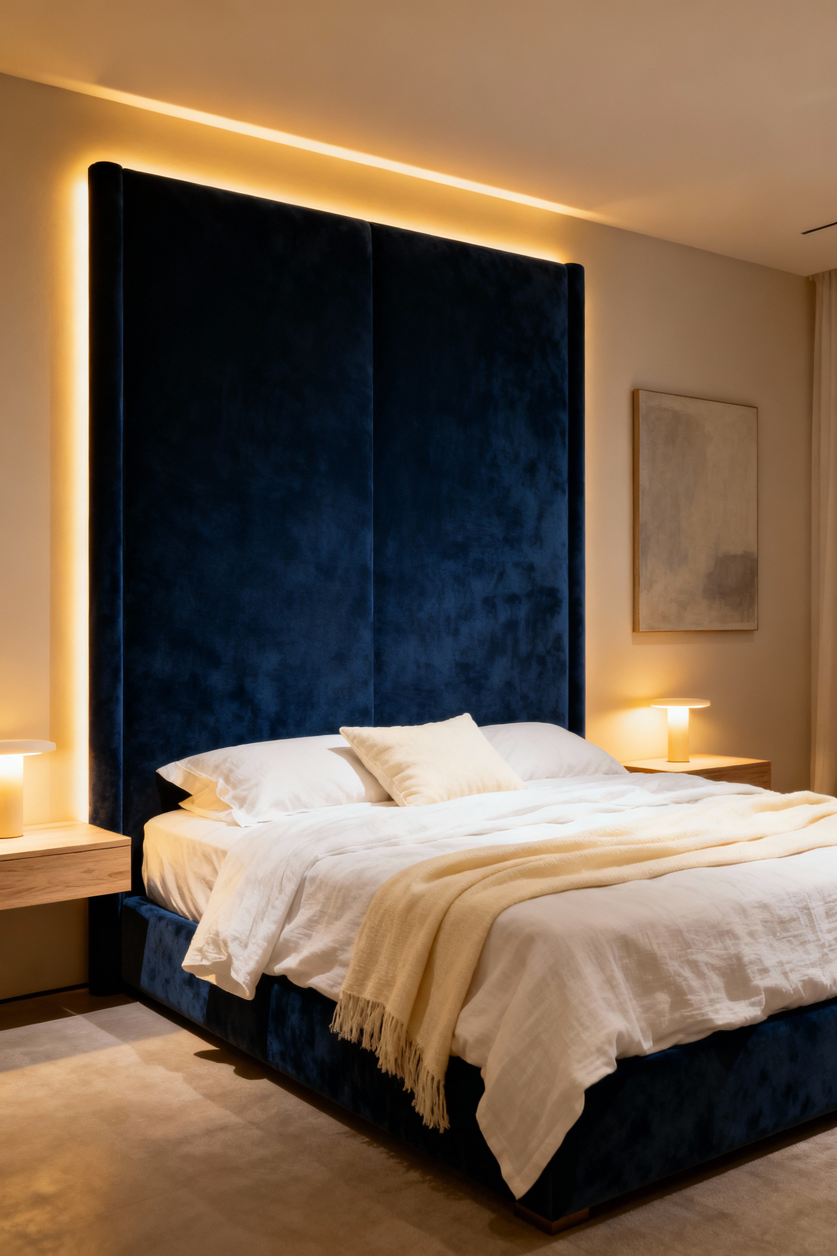 Luxurious deep navy blue upholstered velvet headboard in a serene bedroom with white organic linen bedding, soft throws, and warm ambient lighting from LED strips and bedside lamps.