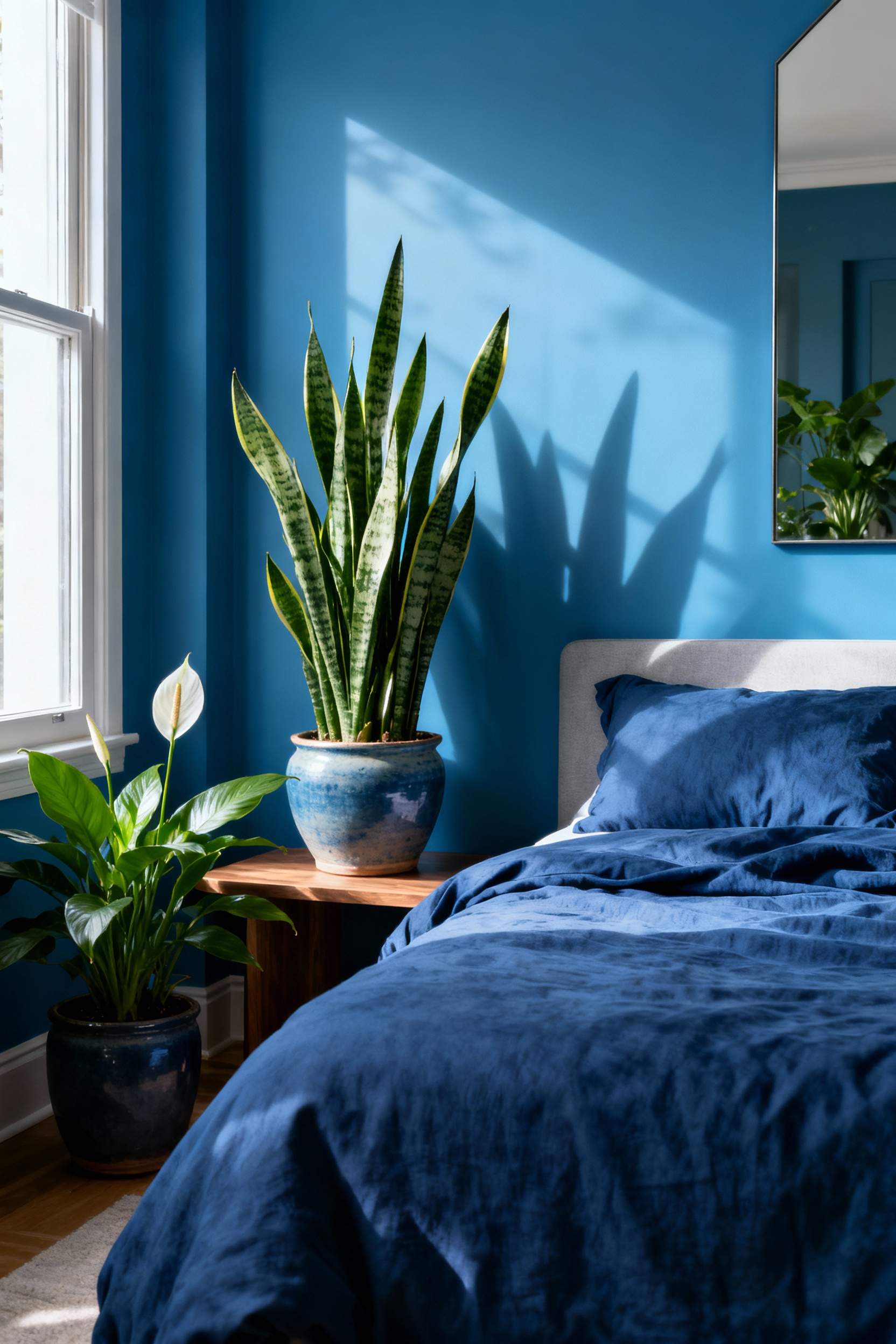 A tranquil biophilic blue bedroom featuring a cerulean accent wall, dusty blue linen bedding, and large Sansevieria plants in ceramic pots. Natural light illuminates the serene scene, with a mirror reflecting the botanical elements.