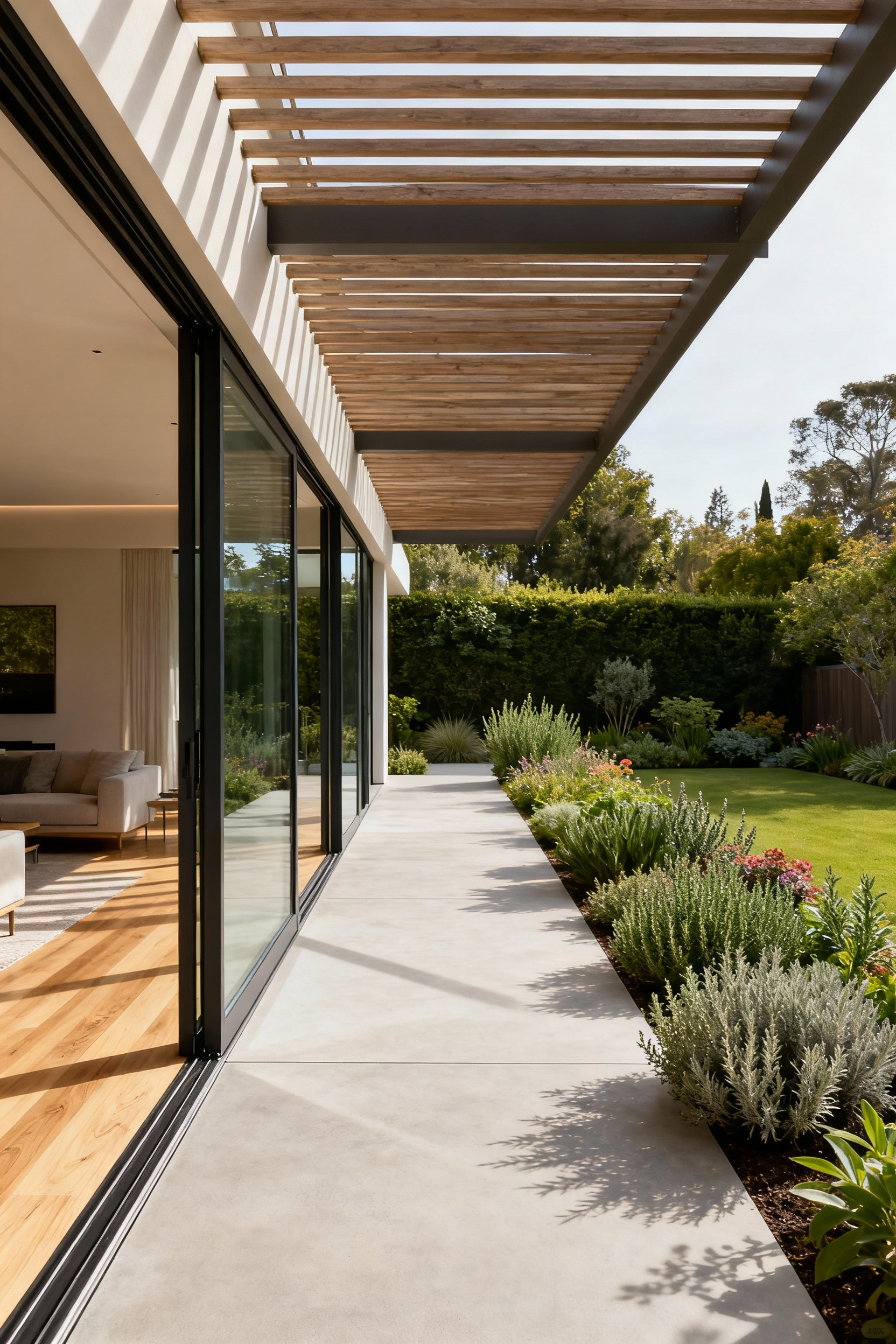 Seamless indoor-outdoor living space with wide-open frameless glass doors merging a modern living room with a lush, thoughtfully designed backyard.
