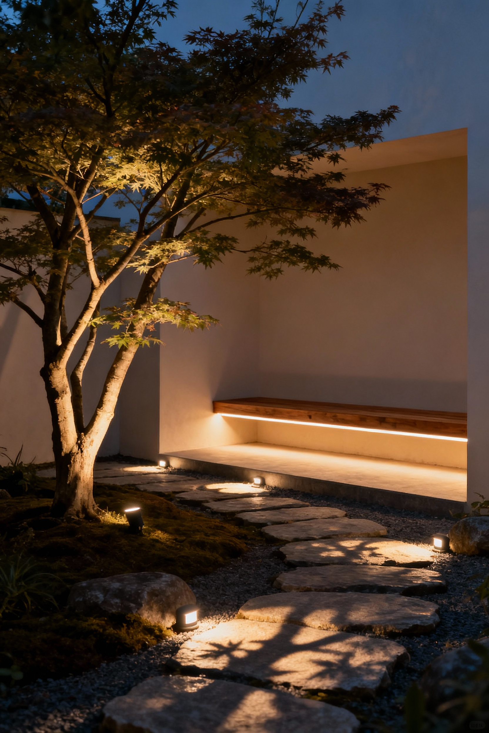 A serene backyard at night with warm, mindful LED lighting, featuring uplights on a Japanese maple tree, soft pathway lights, and hidden bench lighting to create a tranquil nocturnal ambiance.