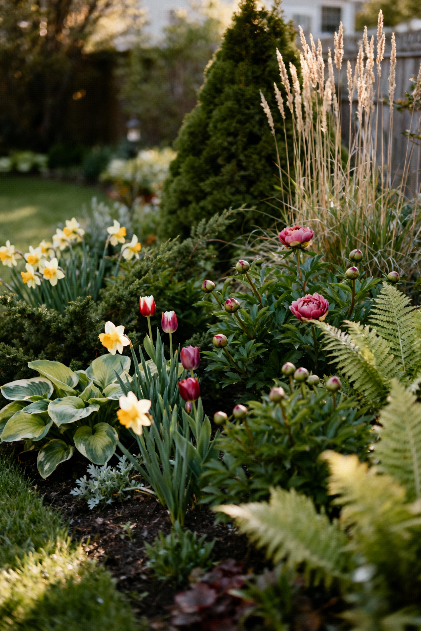 Portrait of a backyard garden bed designed with seasonal succession, featuring continuous blooms and varied foliage across different seasons.