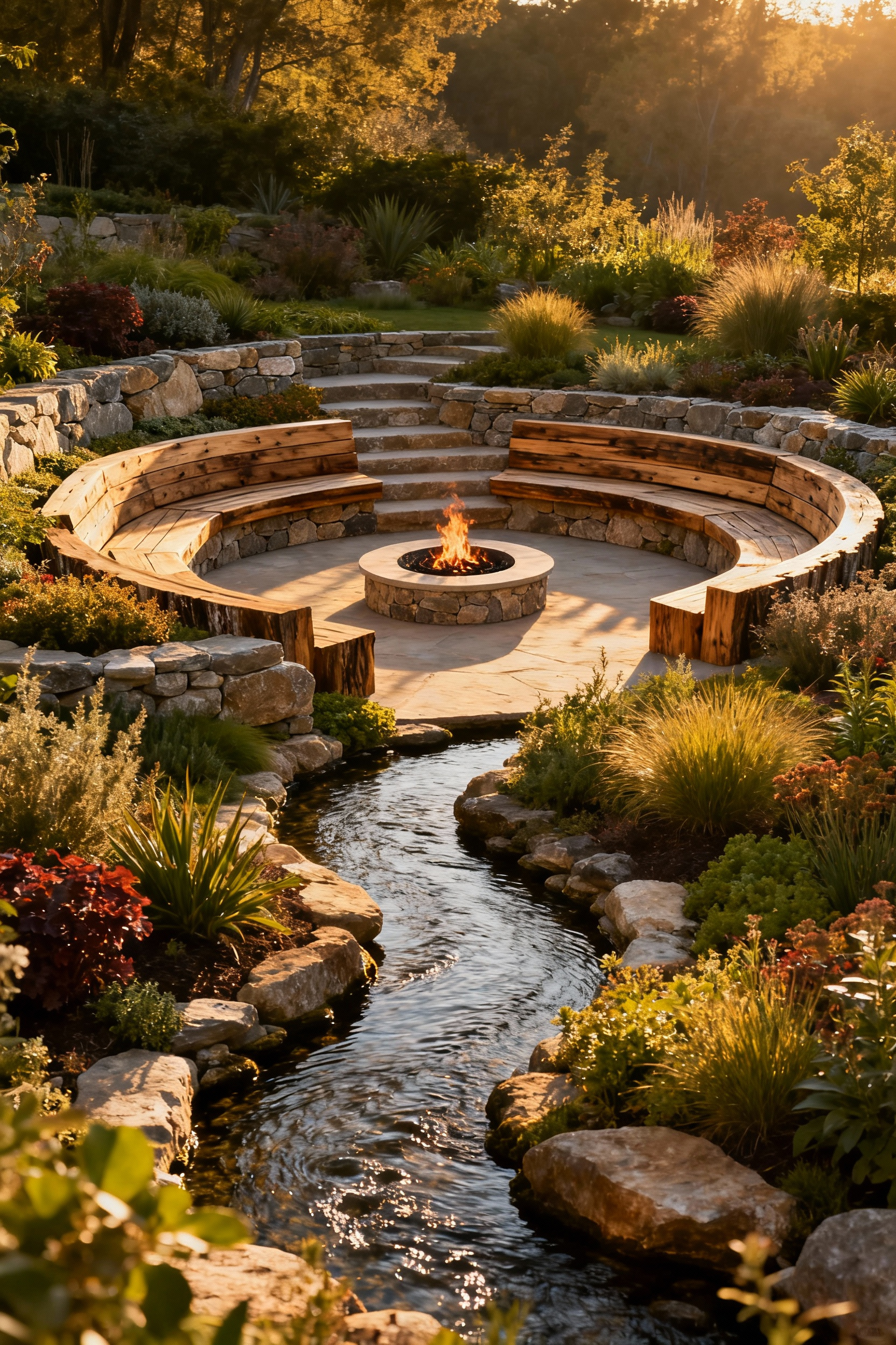Outdoor backyard amphitheater with tiered seating, fire pit, water feature, and lush natural landscaping under golden hour light.