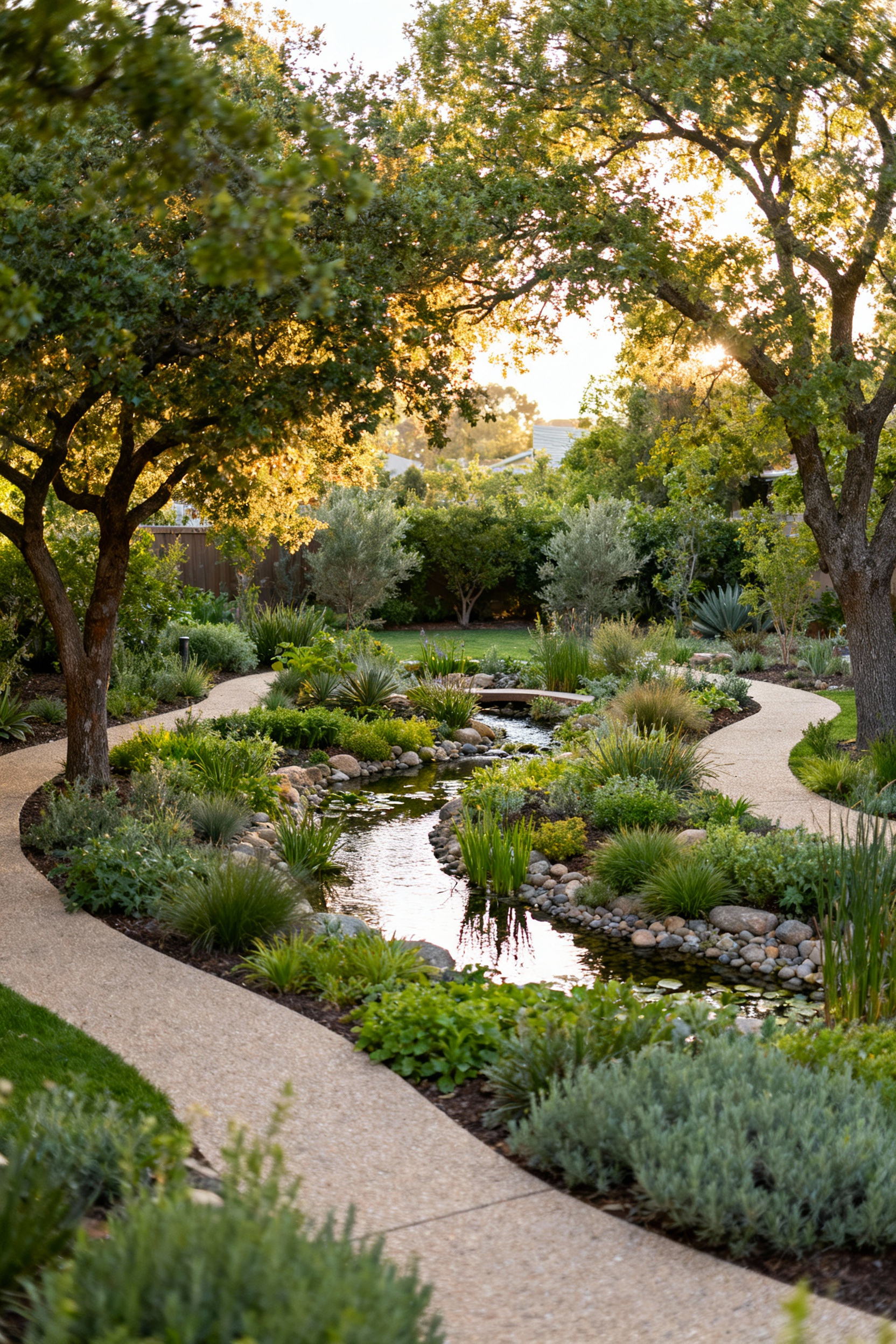 A professionally designed climactically adapted backyard sanctuary with a rain garden, native drought-tolerant plants, shade trees, and permeable pathways, showcasing resilient and biophilic landscape design.