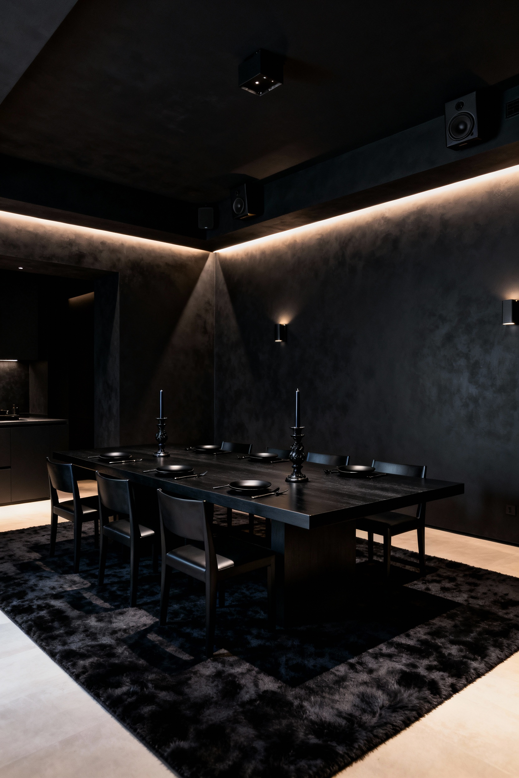 Elegant black dining room designed with a focus on sensory elements, featuring a sleek dark table, plush rug, subtle lighting, and hidden audio, creating an immersive olfactory and auditory moodscape for sophisticated entertaining.