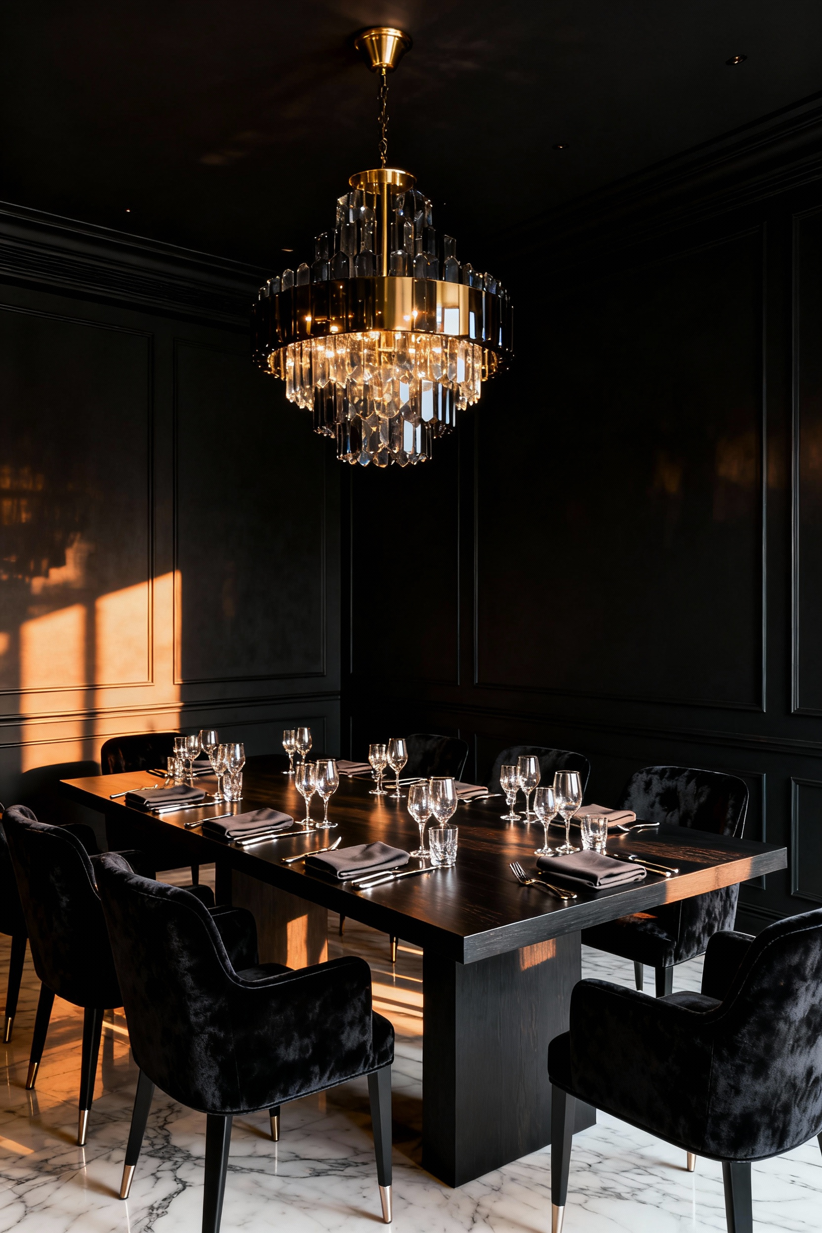 Elegant black dining room with a dramatic, modern chandelier featuring smoked crystal and polished brass, casting dynamic light and shadow. Dark, luxurious interior design.