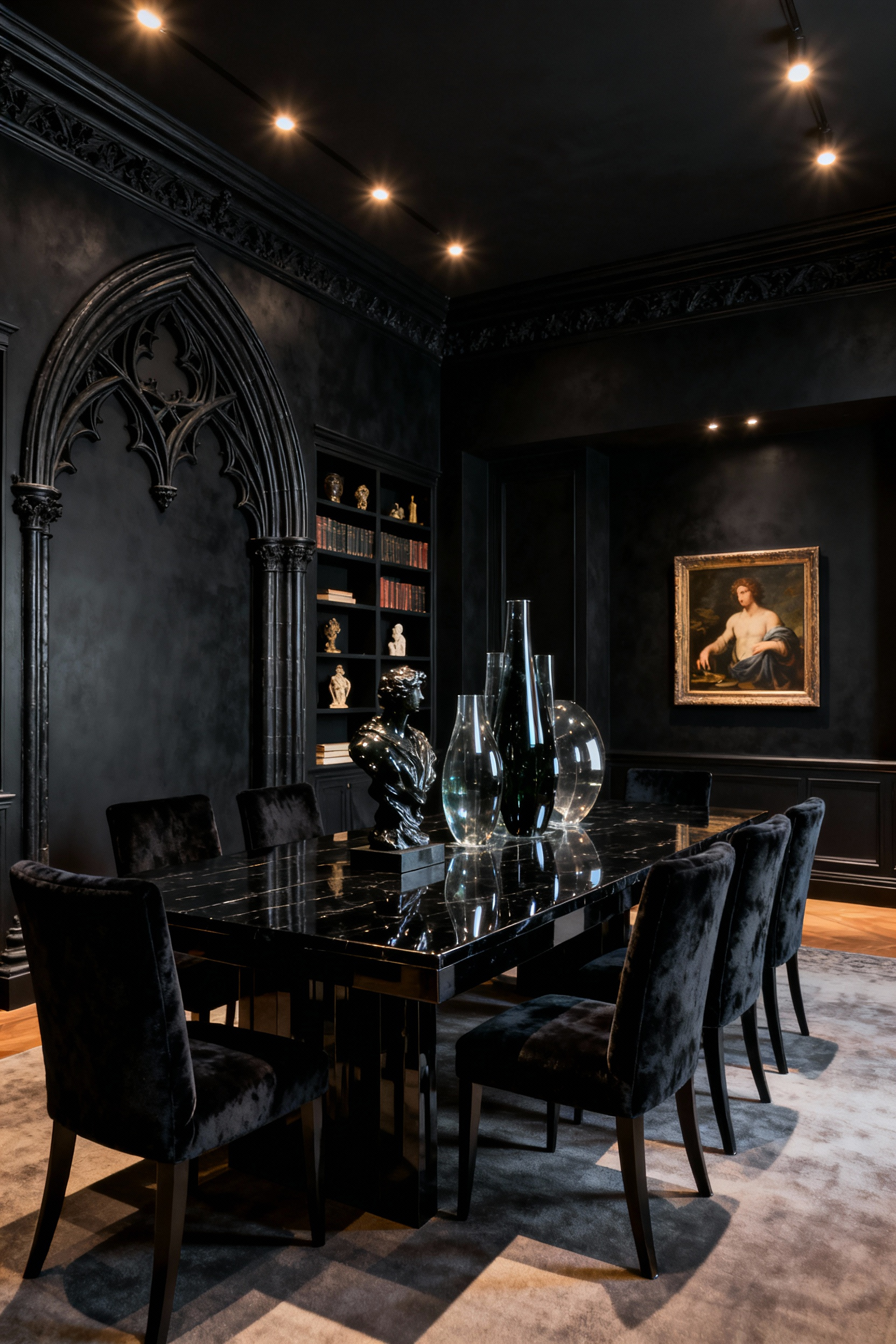 Luxurious black dining room featuring a long ebonized wood table, velvet chairs, dramatic multi-layered lighting creating chiaroscuro effects, a neo-Gothic archway, and historical decor, showcasing an enduring aesthetic.