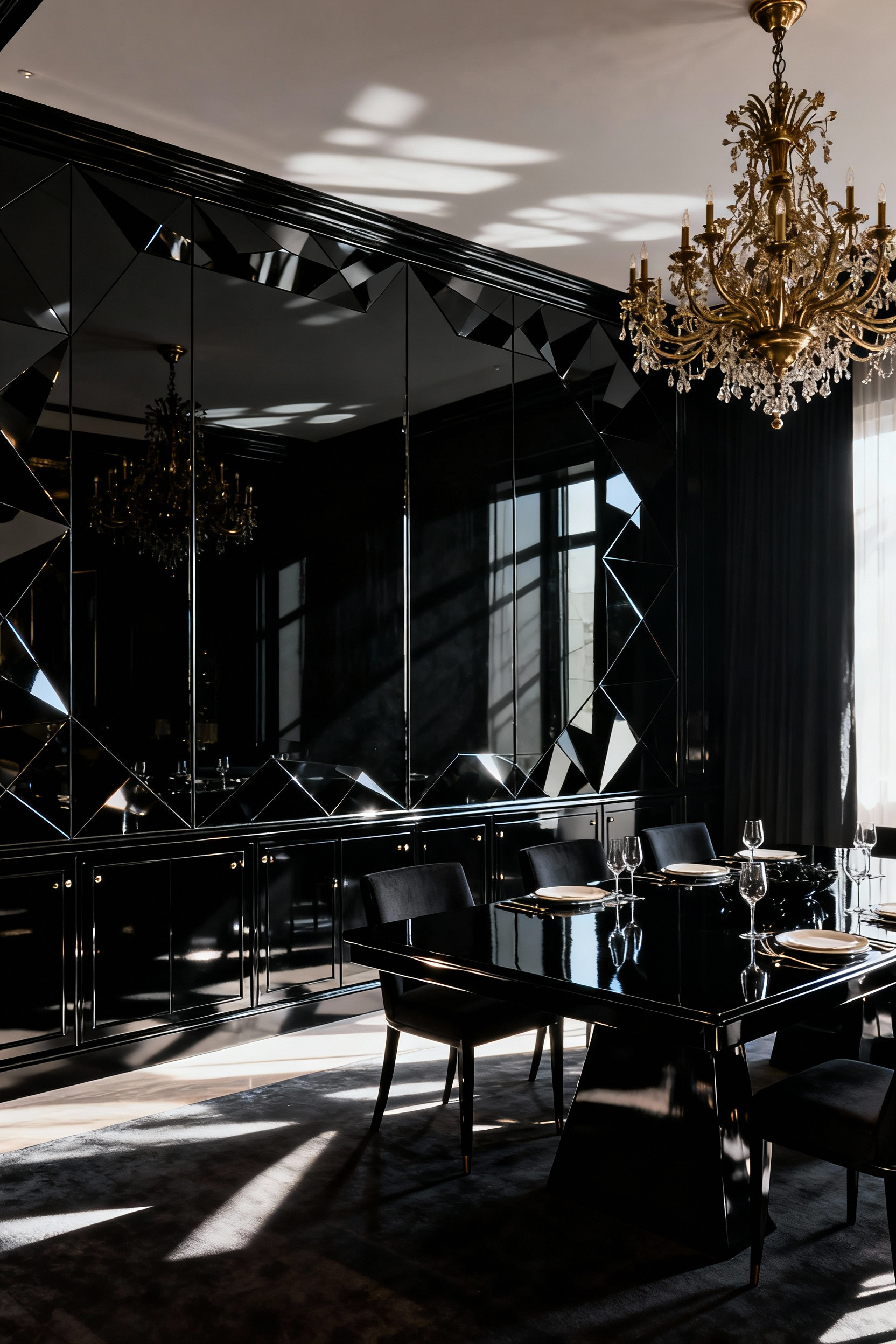 A luxurious black dining room featuring a full wall of deeply beveled black mirrors reflecting a brass chandelier and lacquered dining table, creating an illusion of infinite depth and dramatic lighting.
