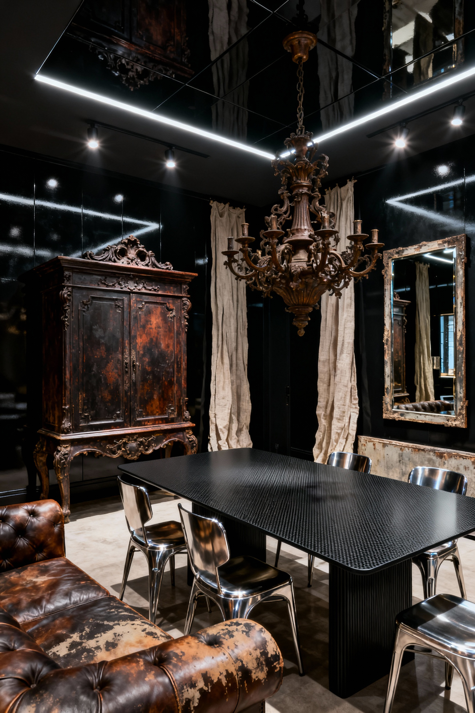 Black dining room with an antiquarian baroque credenza, a contemporary carbon-fiber dining table, and an ornate bronze chandelier, showcasing a dramatic blend of historical and modern design with rich textures and sophisticated lighting.