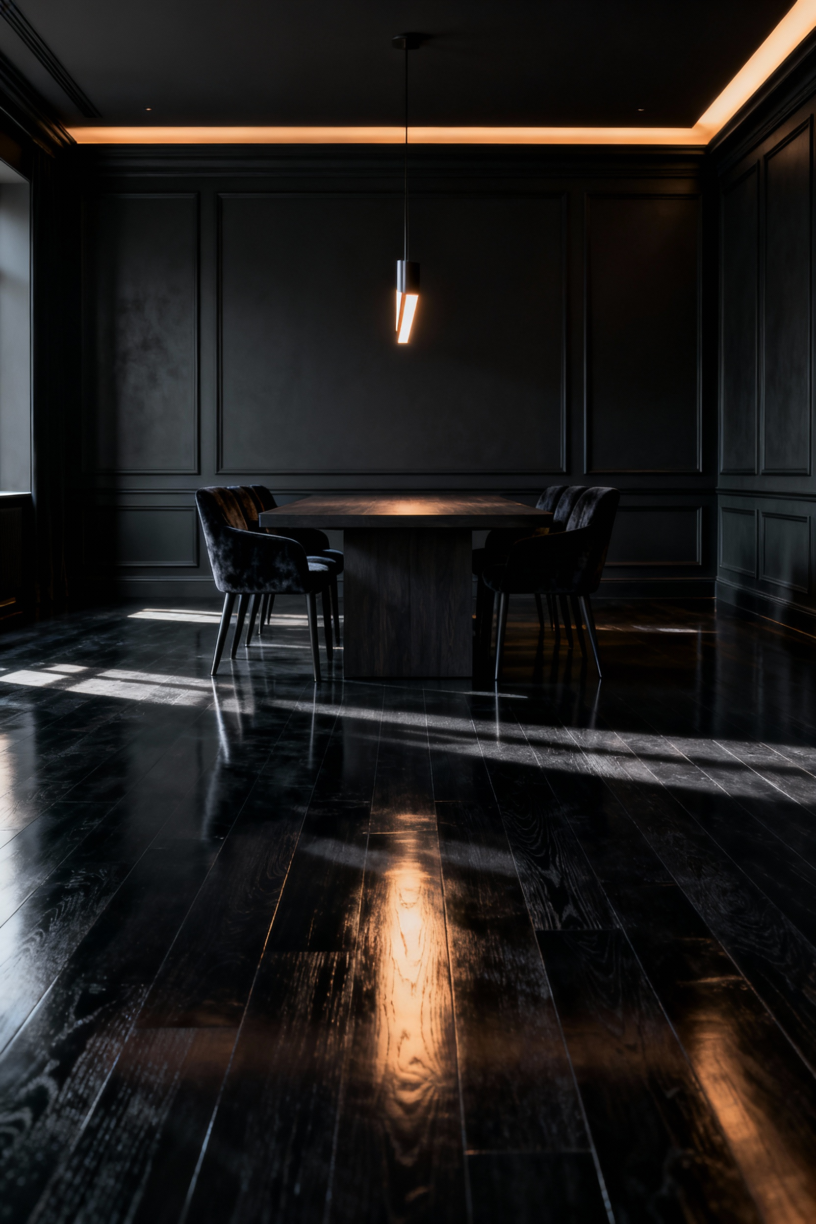 Luxurious black dining room with polished ebonized hardwood floor, creating a sense of depth and stability, featuring a dark wood dining table and velvet chairs, illuminated by soft indirect lighting.