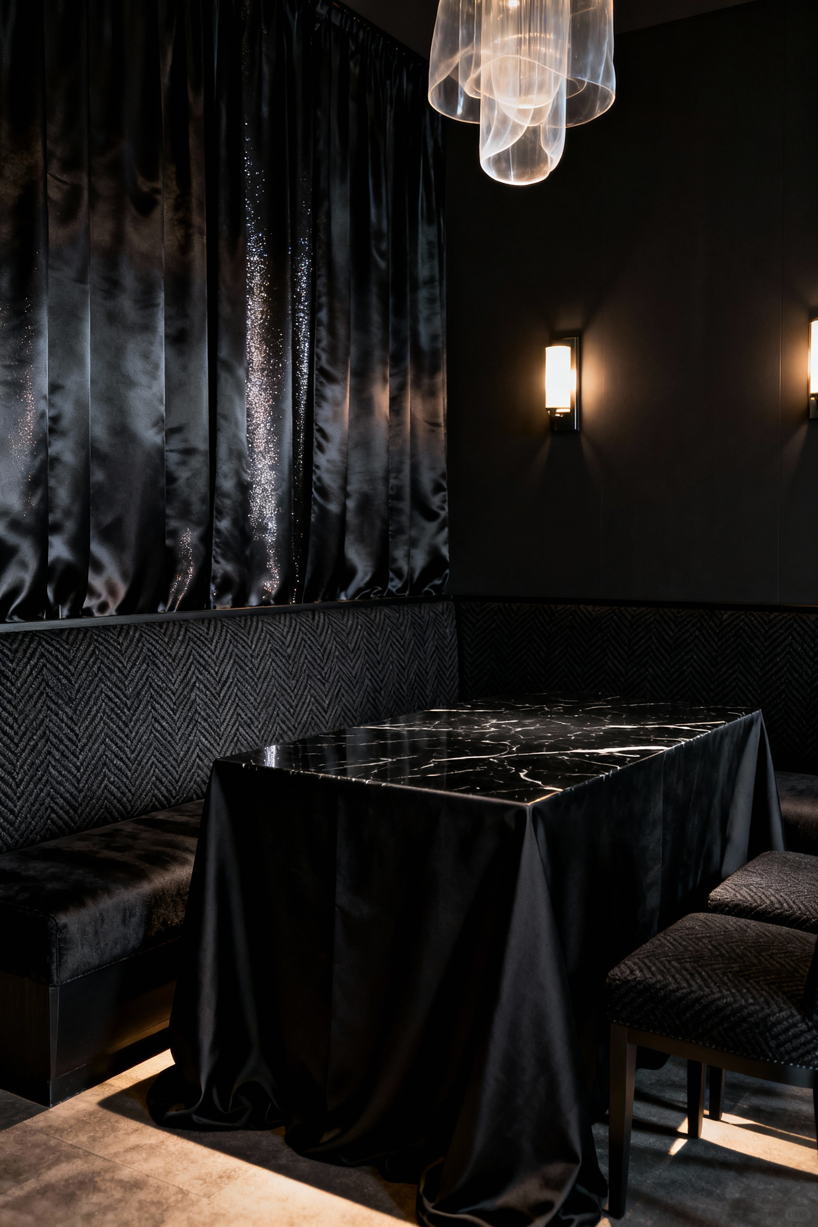 Luxurious black dining room featuring a variety of dark, rich textiles like velvet drapes, silk panels, and leather upholstery, highlighting textural depth and opulence.