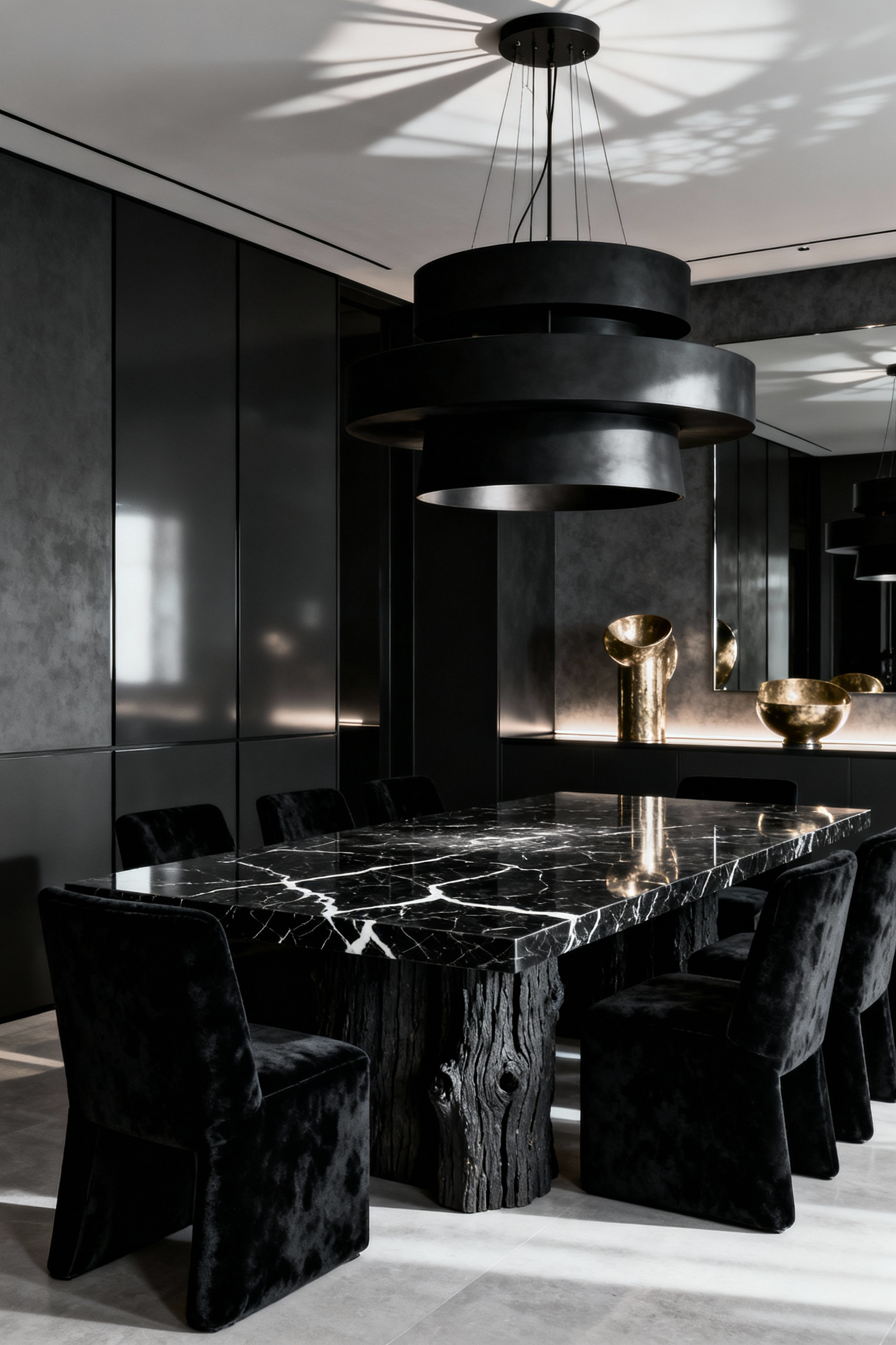 Elegant black dining room showcasing layered textures, varied finishes, and strategic lighting. Features matte charcoal walls, high-gloss accents, velvet chairs, Nero Marquina marble table, and a tiered black chandelier for visual depth.