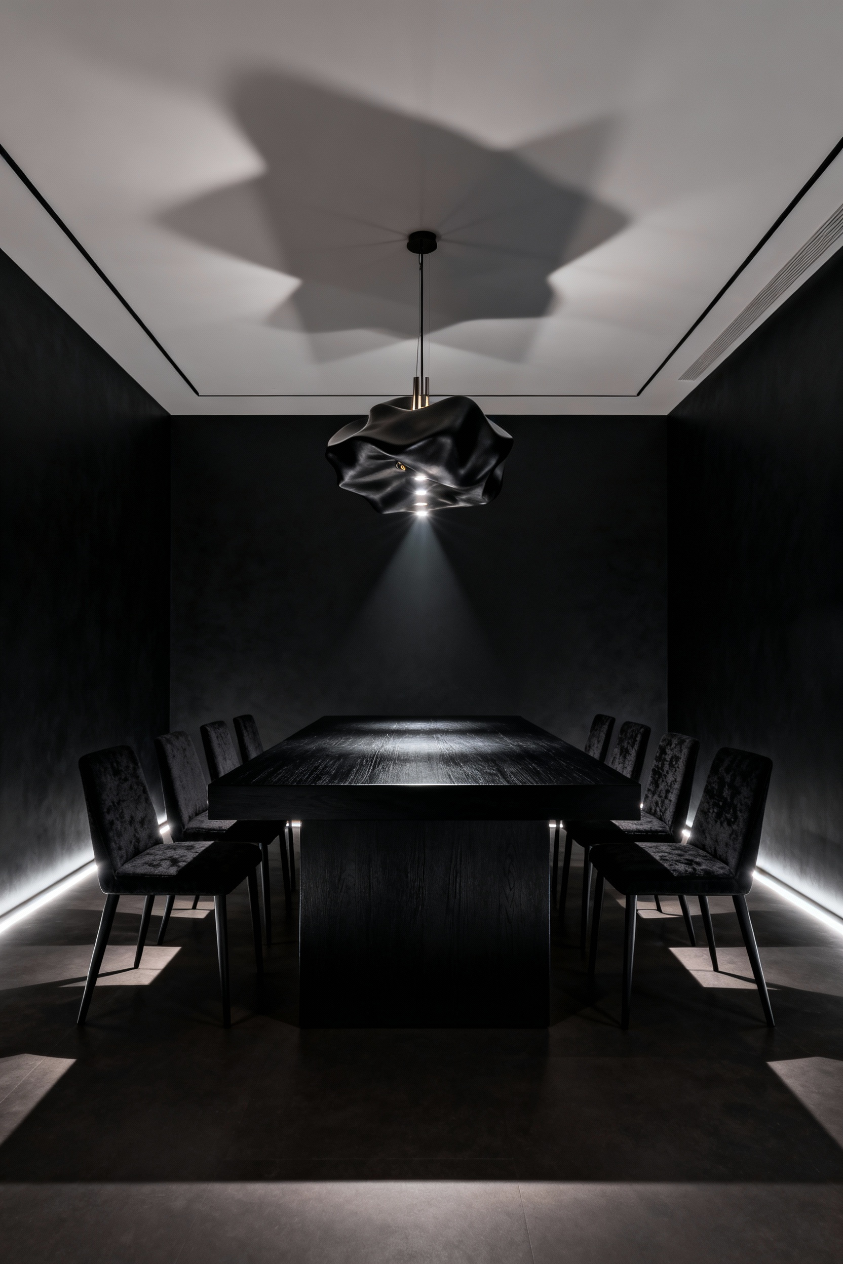 Luxurious black dining room featuring a matte black monolithic dining table, surrounded by dark chairs, under a modern chandelier, showcasing a dramatic and elegant aesthetic. The table acts as a sculptural anchor.