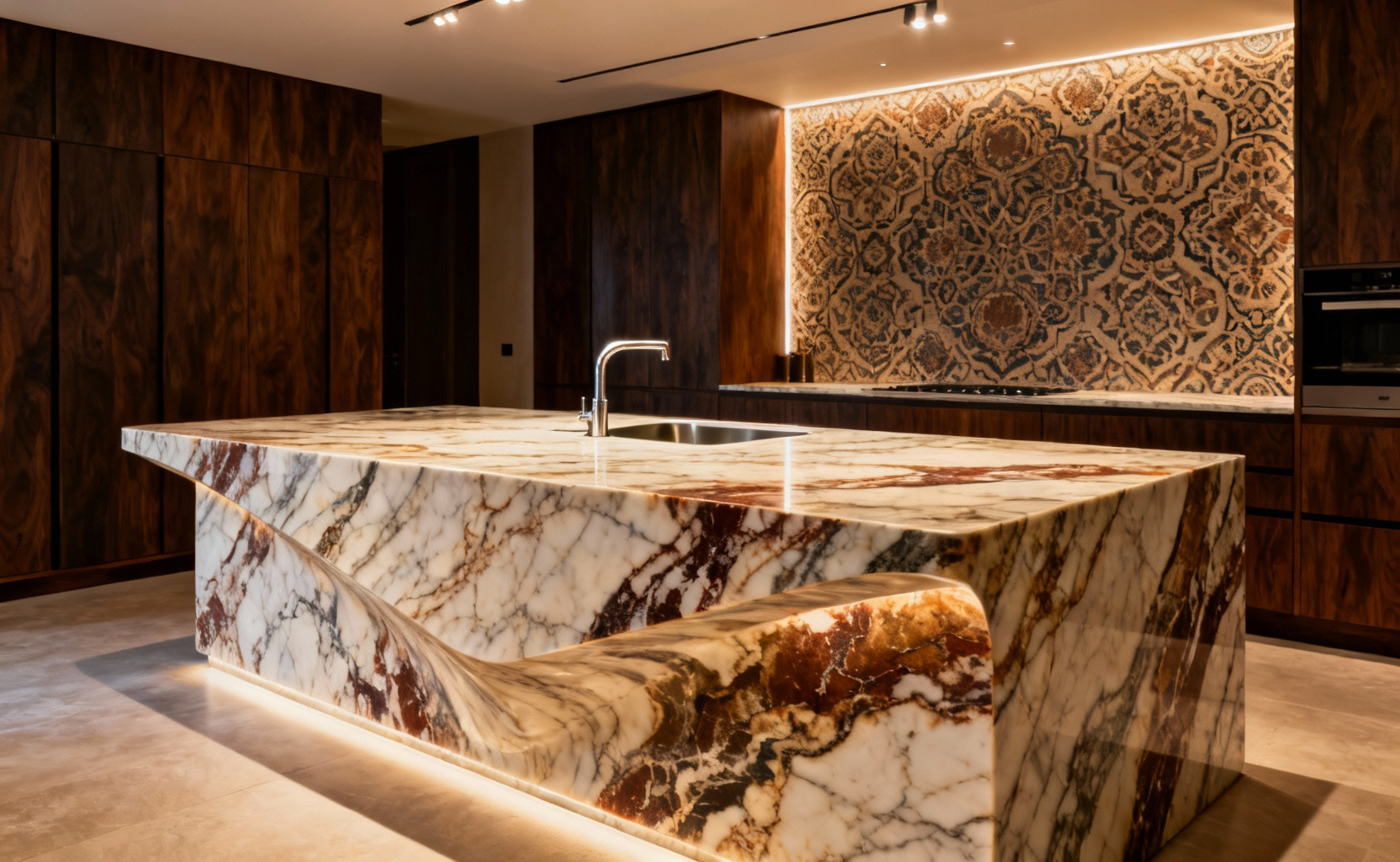 Close-up of a luxurious kitchen countertop featuring highly veined Calacatta Macchia Vecchia marble with a bookmatched waterfall edge, set in a maximalist kitchen design with warm lighting.