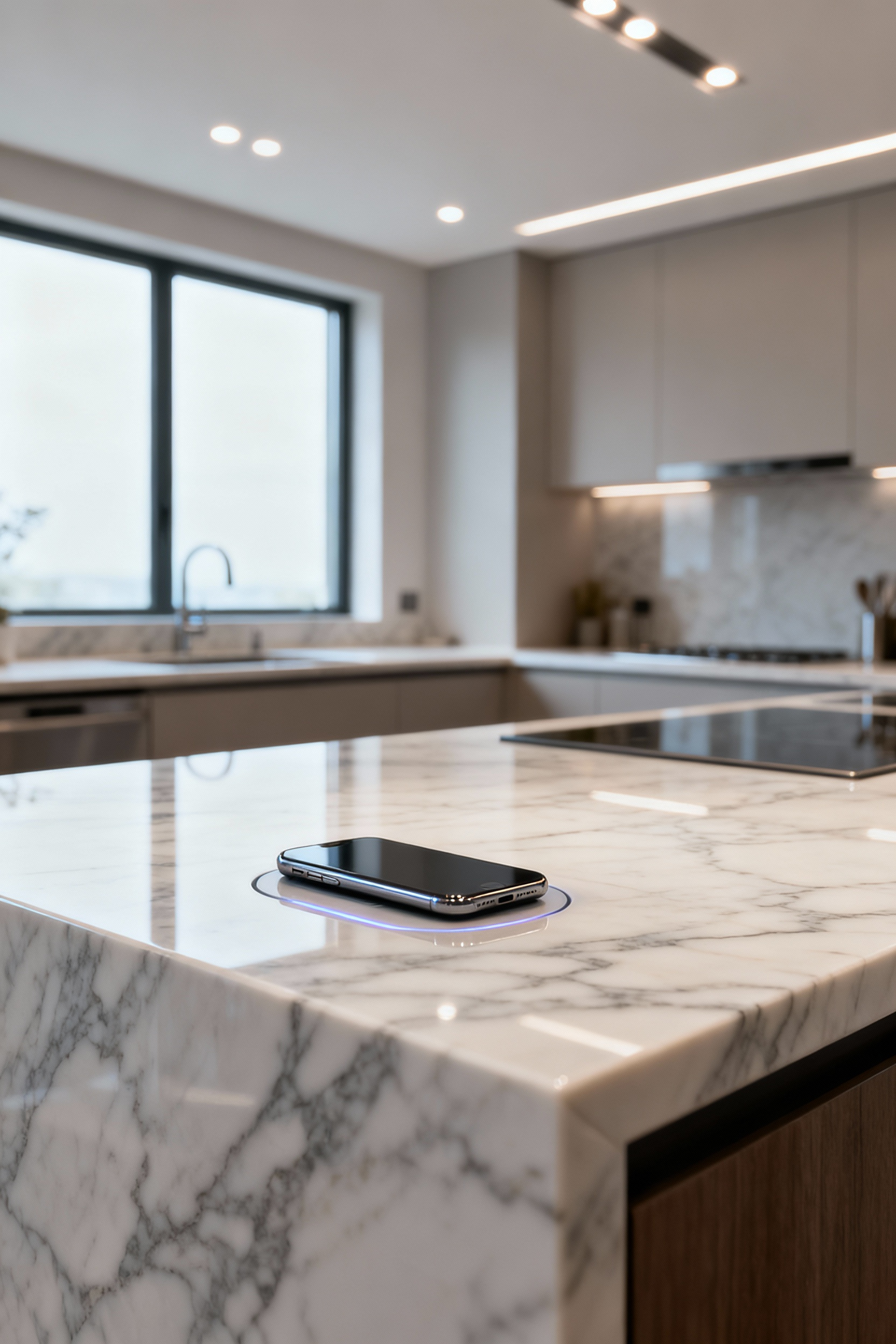 A professional photo of a luxurious kitchen countertop made from Statuario Venato marble, showcasing an integrated inductive charging pad with a smartphone lying on it. The counter is clean and uncluttered, highlighting the seamless technology.