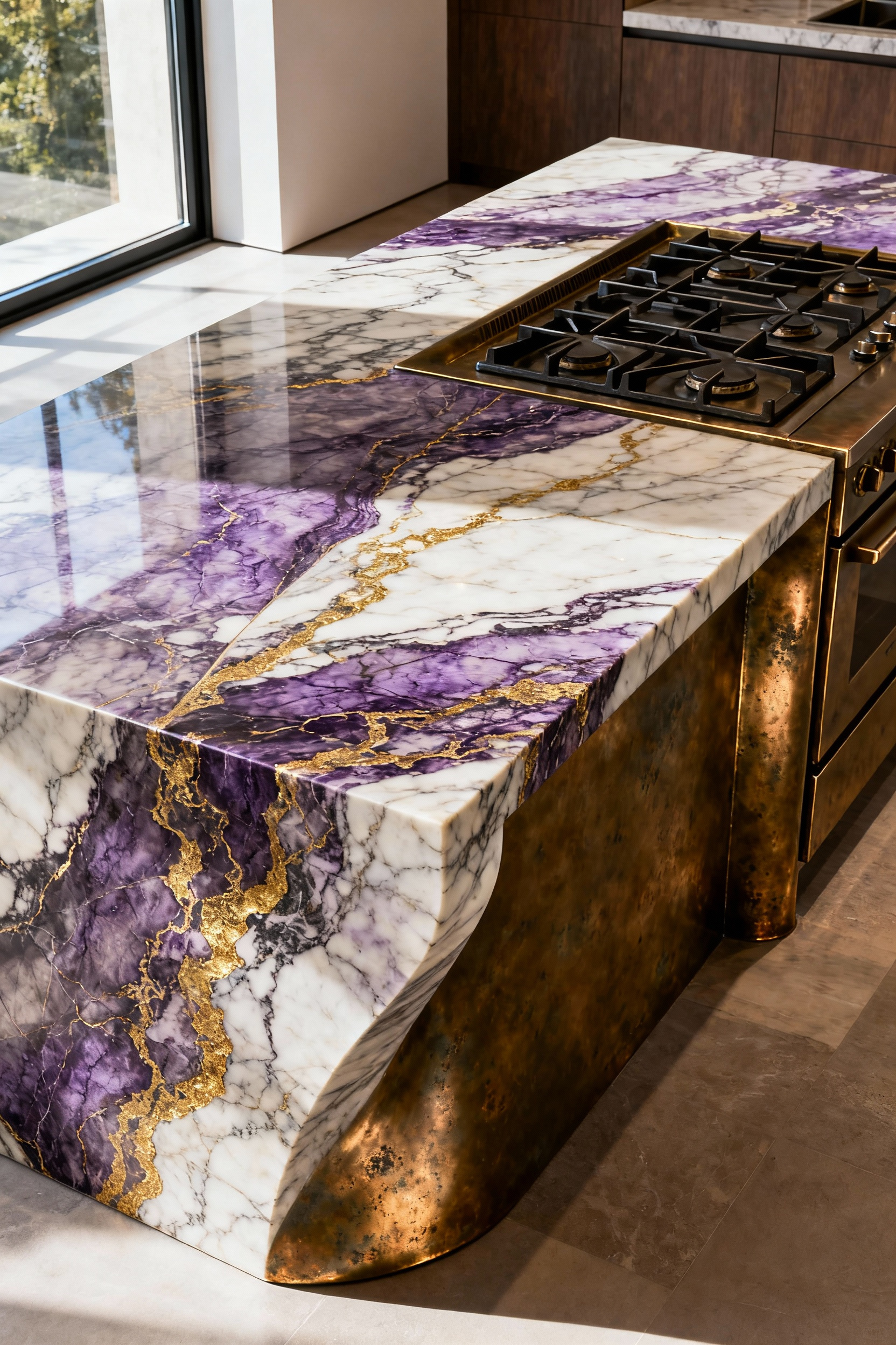Luxurious kitchen island with intensely veined Calacatta Viola marble and contrasting aged burnished brass countertop, featuring a dramatic waterfall edge, showcasing bespoke material combinations and sophisticated design.