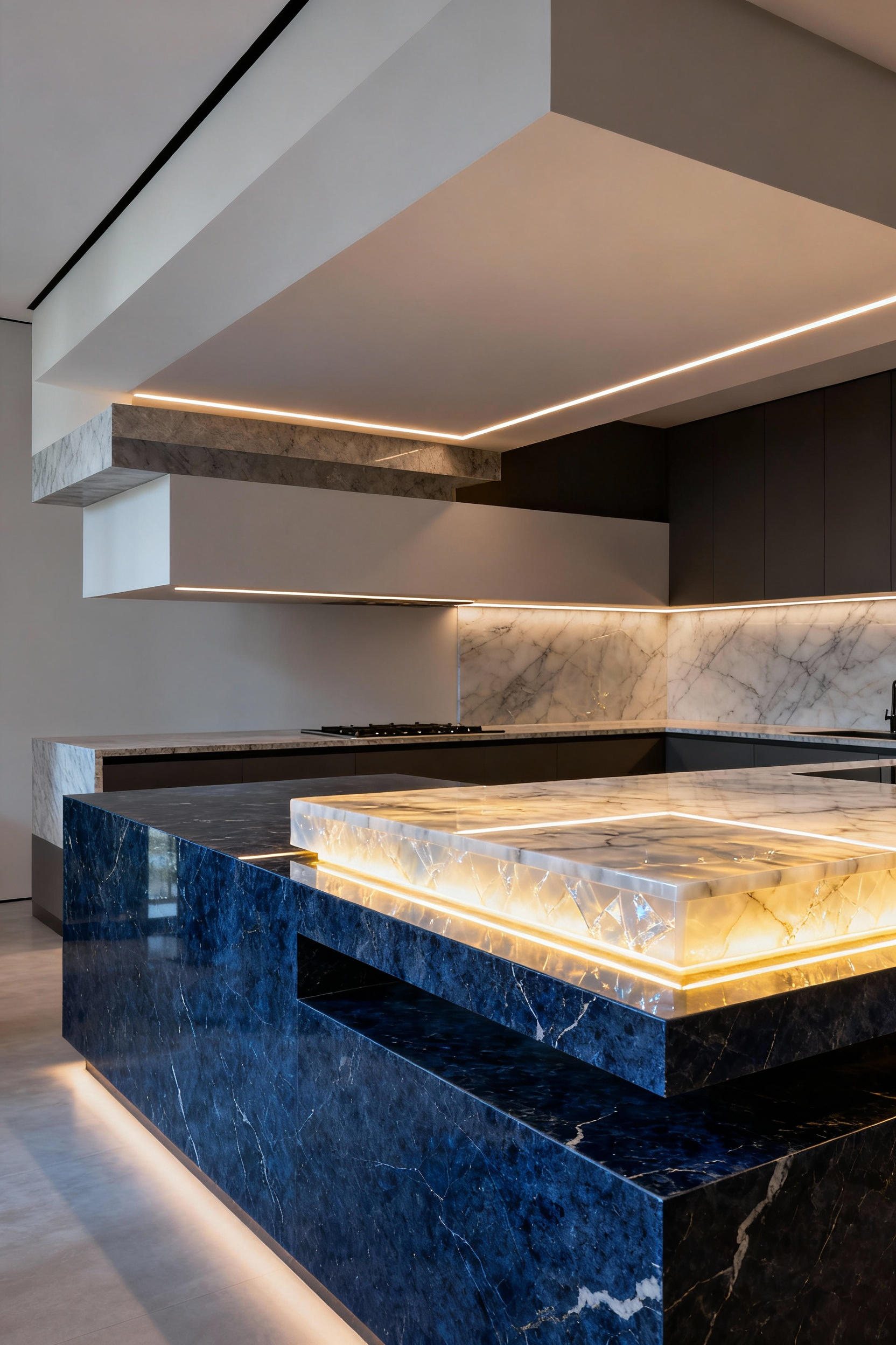 Luxurious kitchen interior with dynamic layered countertops featuring a lower Blue Louise quartzite preparation area and a raised, backlit Onyx Cristallino bar top with glowing LED lighting. The design showcases varied thicknesses, depths, and waterfall edges, creating a multidimensional workspace.