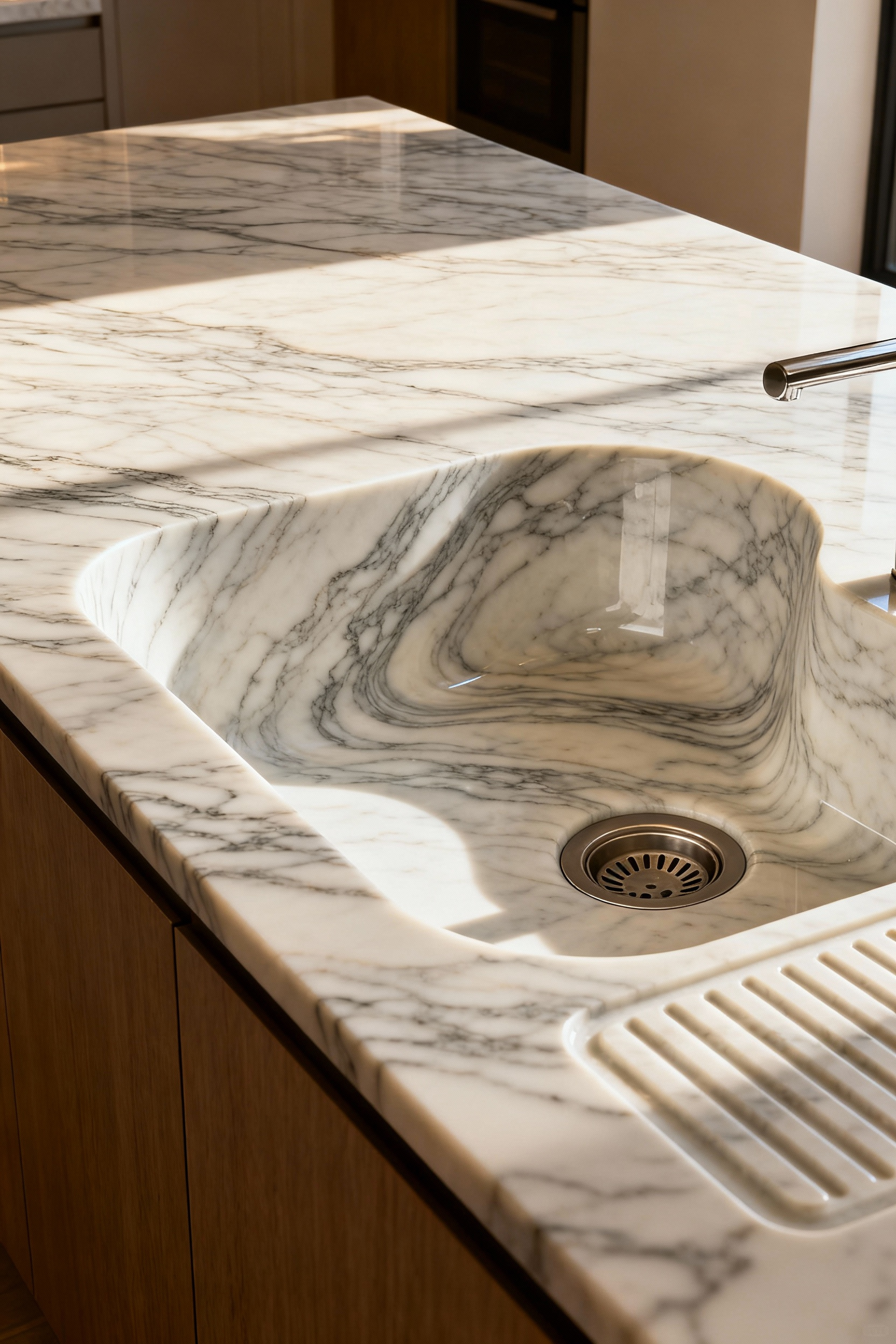 Luxurious kitchen island with an integrated Arabescato marble sink and drainboard, showcasing seamless visual flow and sculptural design.