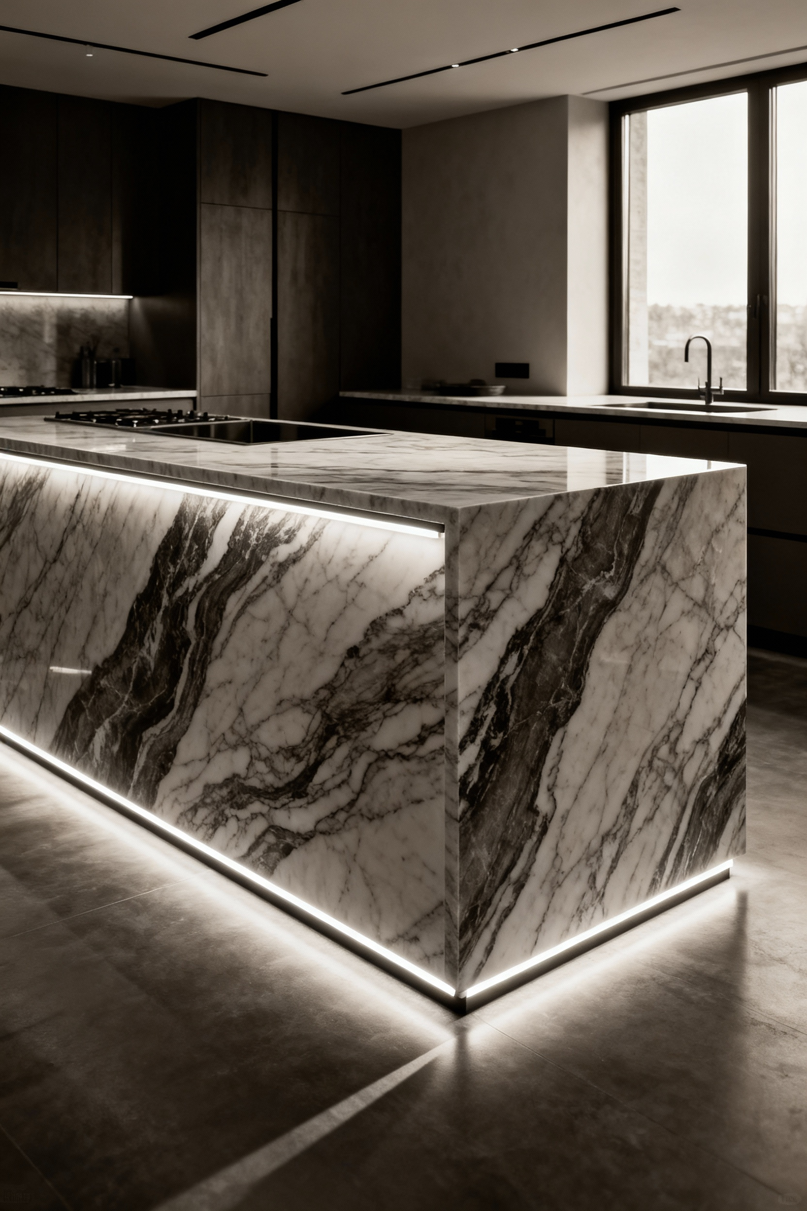 Luxurious kitchen island with a stunning waterfall countertop made of veined Calacatta Viola marble, seamlessly flowing from horizontal to vertical, enhancing material presence and verticality.