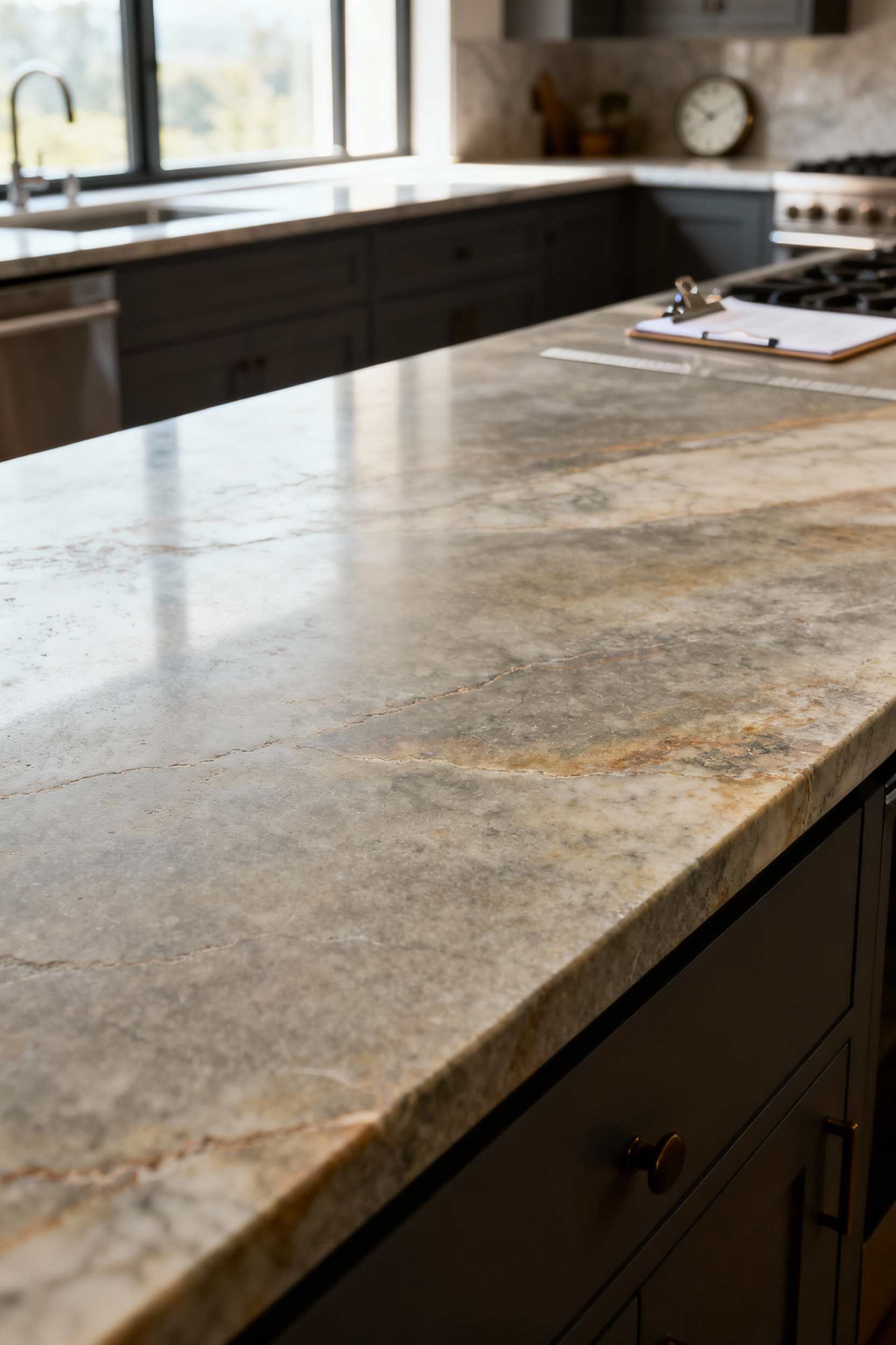 Close-up of a luxurious kitchen countertop made of soapstone or honed marble, showing a rich, curated patina with subtle variations and deep tones from natural aging. The surface reflects soft light, emphasizing its evolving character and unique texture in an elegant setting.