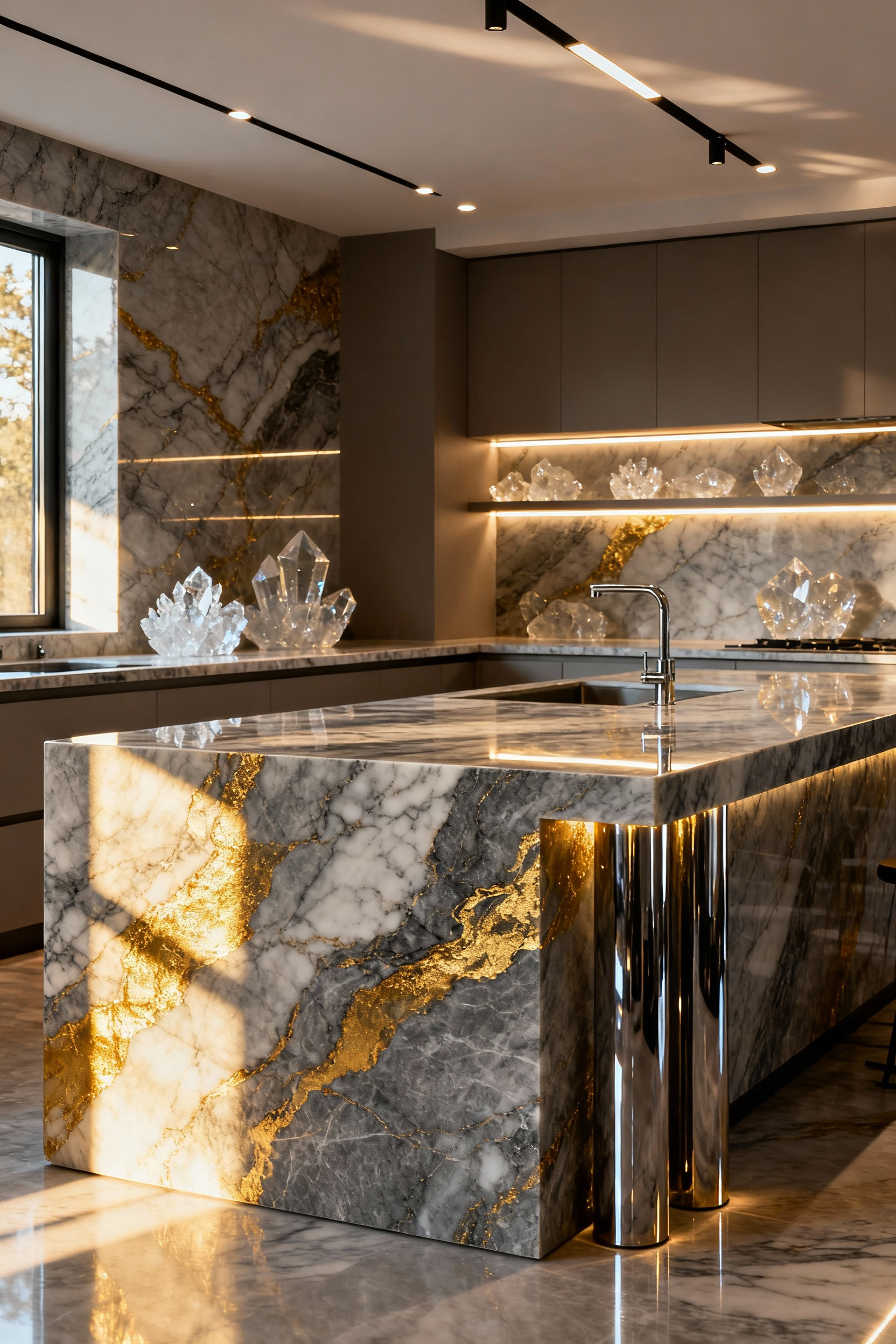 Luxury kitchen with polished quartzite island and countertops, showing dramatic veining and a waterfall edge.