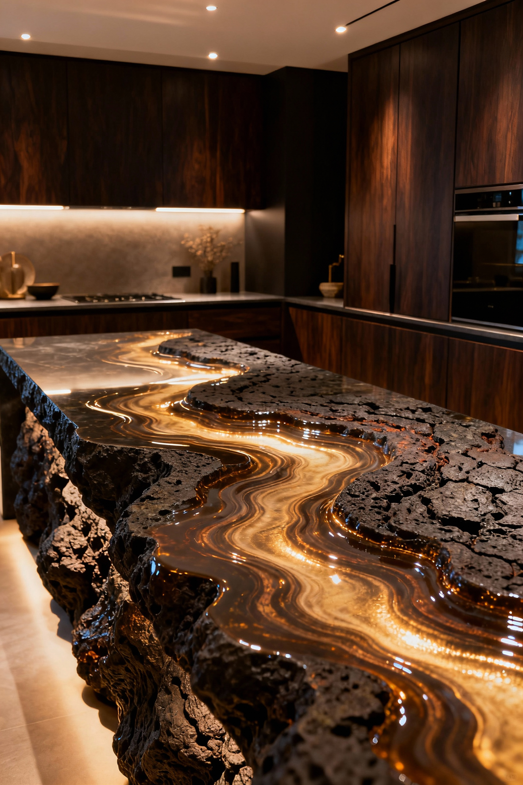 Luxury kitchen featuring a custom-glazed volcanic rock countertop with a shimmering, undulating luster and rich, unique texture.