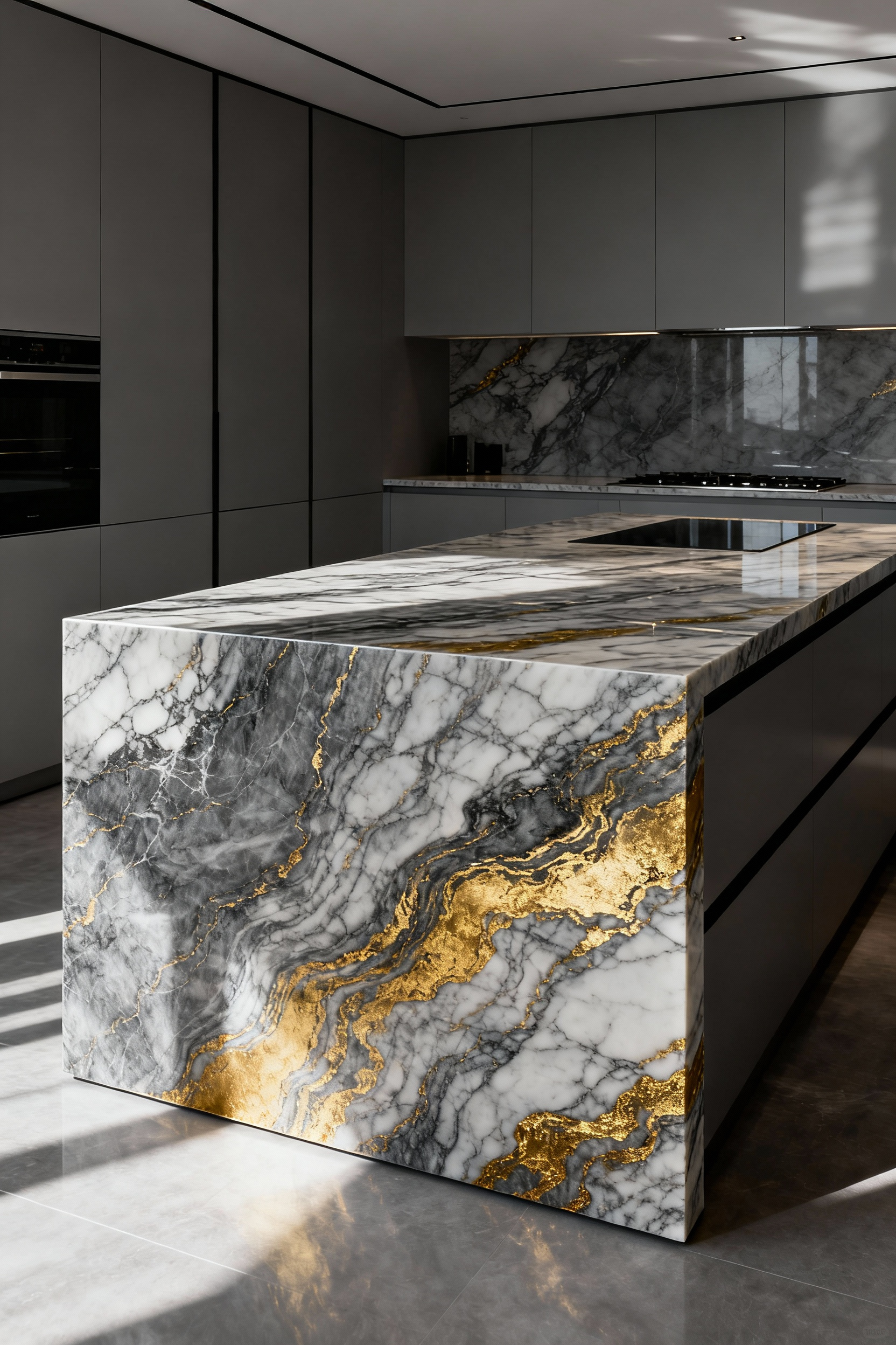 Luxurious Calacatta Macchia Vecchia marble kitchen island with dramatic waterfall edge, showcasing intricate veining and high-end kitchen countertop design, establishing strong spatial identity and flow.