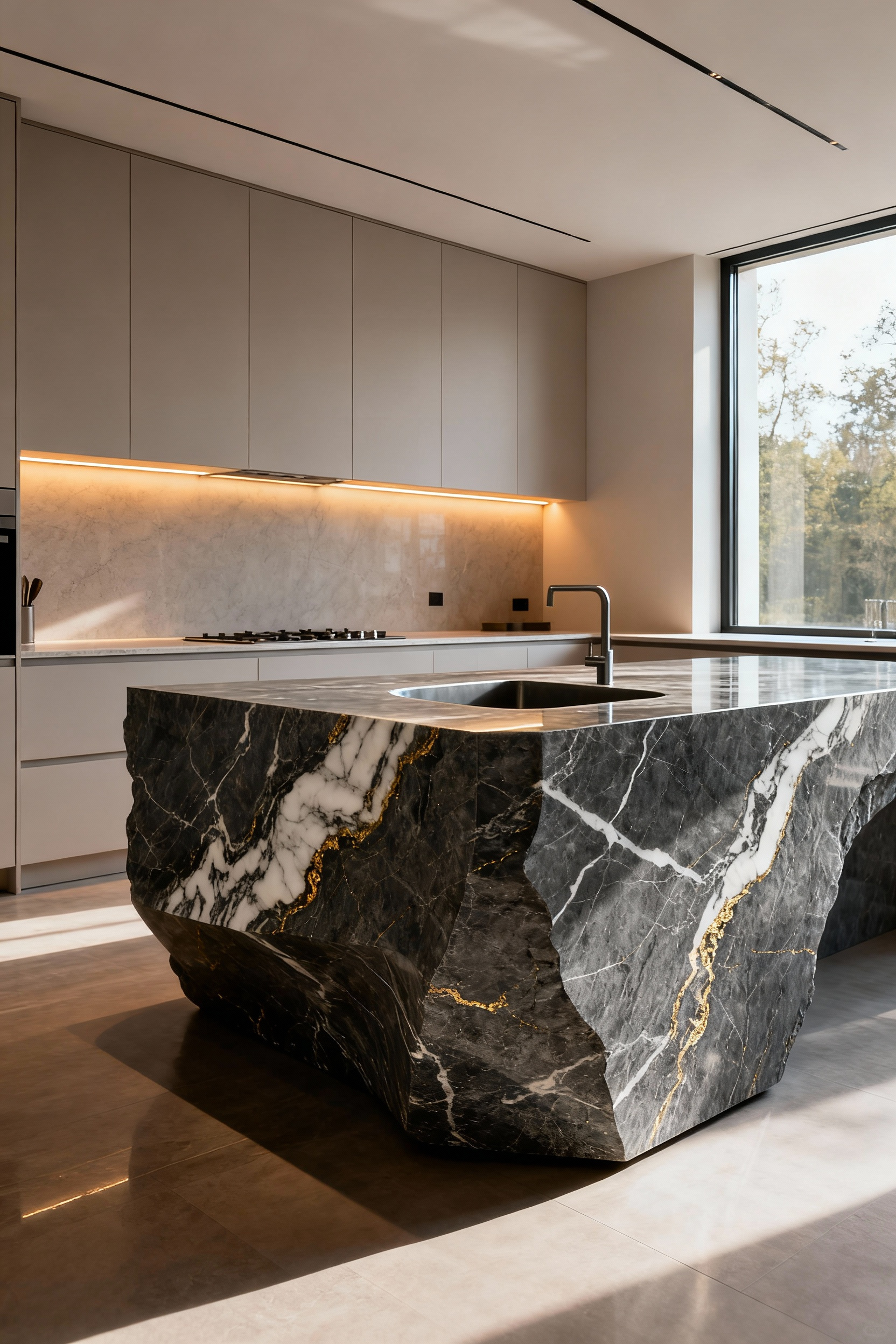 Luxurious kitchen with a monolithic island sculpted from dark grey quartzite, featuring seamless waterfall edges and an integrated basin, showcasing an architectural design statement.