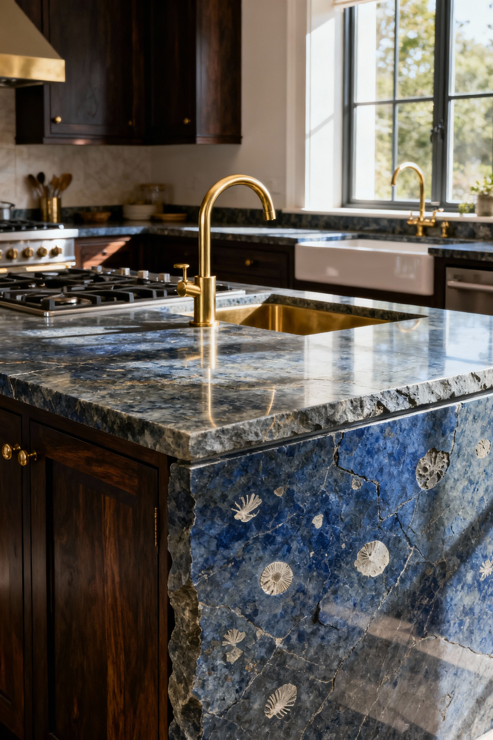 Luxurious kitchen interior with a deep blue-grey Belgian Bluestone island countertop showcasing a beautiful, evolving patina, complemented by brushed gold hardware and dark wood cabinetry under natural light.