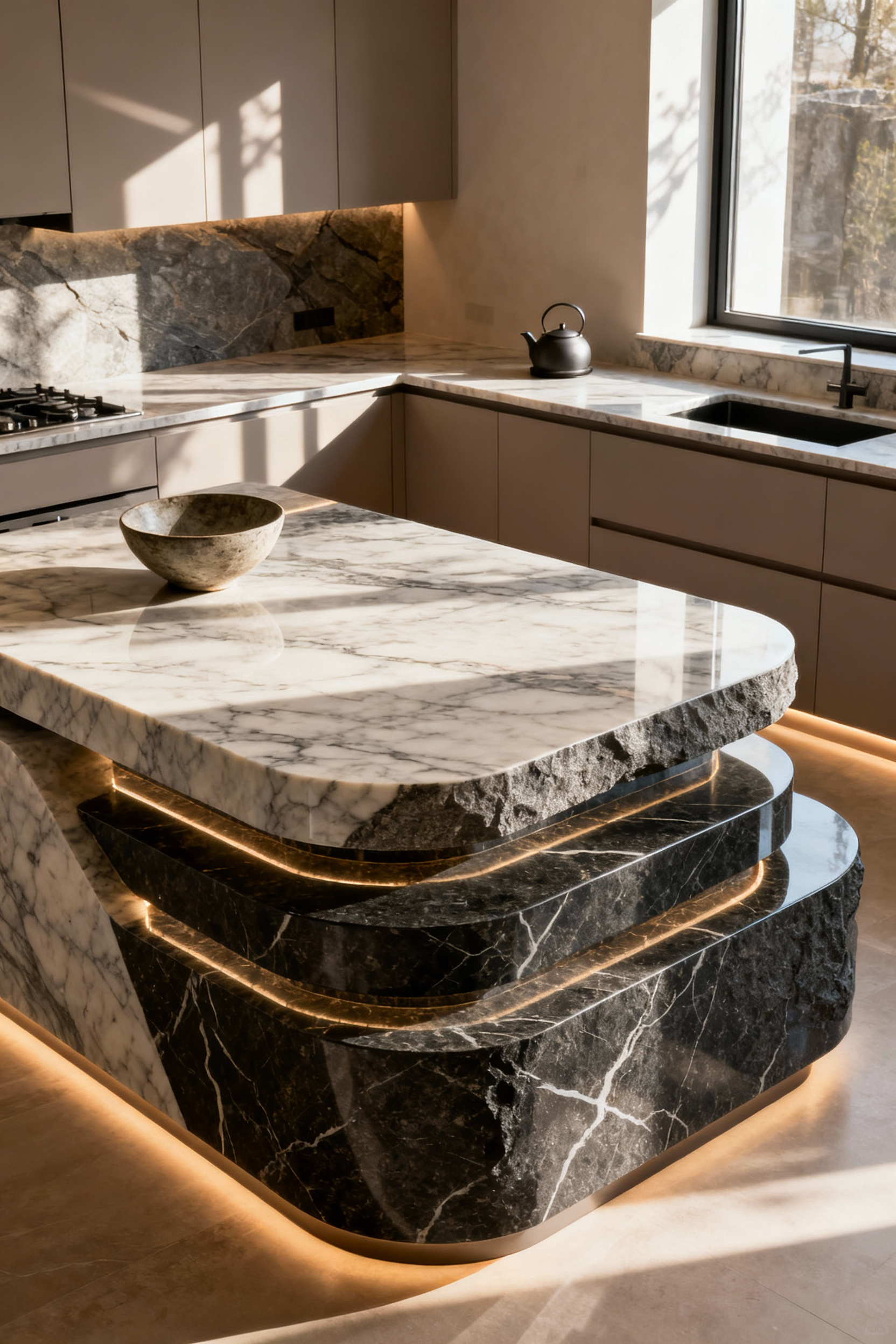 Luxurious kitchen island with multi-level ergonomic countertop heights, featuring different premium materials like marble and granite, custom cabinetry, and elegant design for utility and comfort.