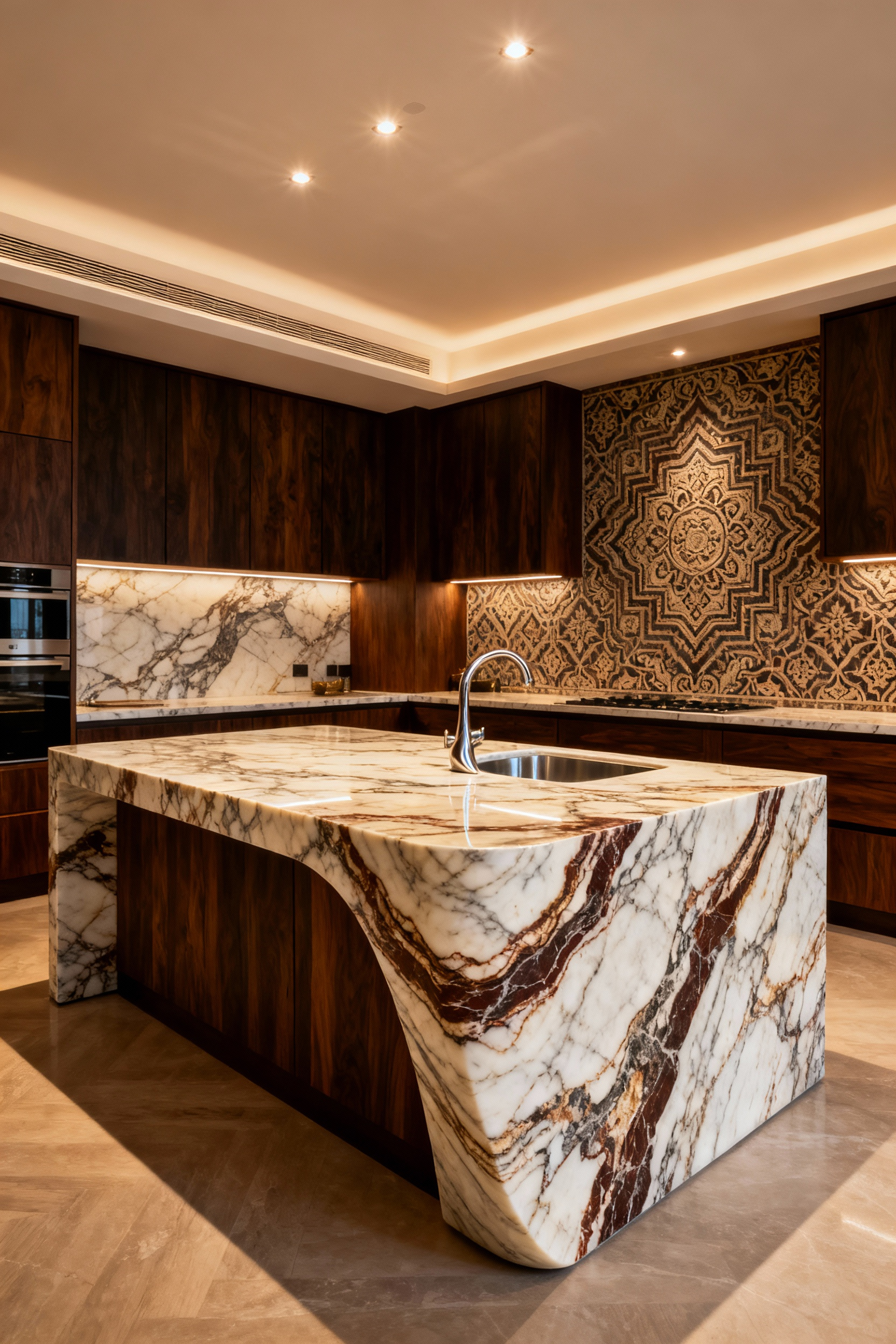Close-up of a luxurious kitchen countertop featuring highly veined Calacatta Macchia Vecchia marble with a bookmatched waterfall edge, set in a maximalist kitchen design with warm lighting.