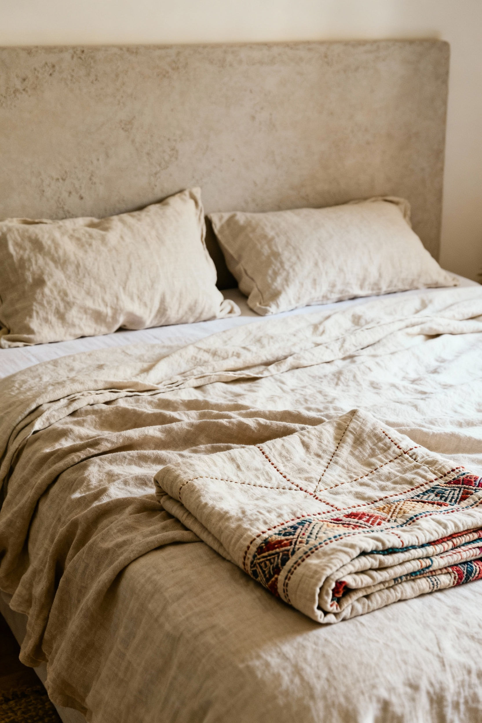 Boho bedroom with unfussy organic linen and cotton bedding, layered Kantha quilt, natural light, creating a relaxed and serene sleep space.
