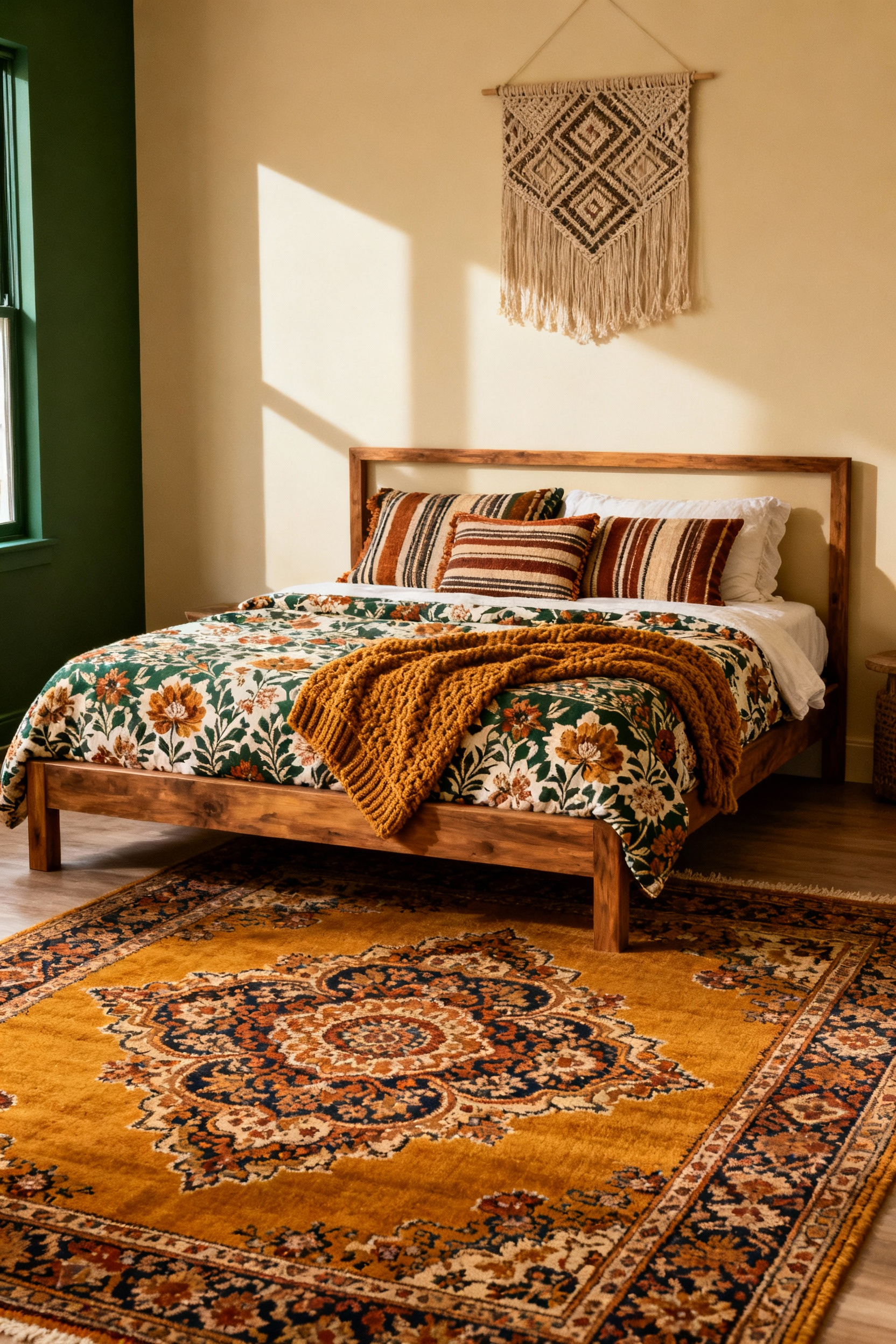 Boho bedroom with confidently blended classic pattern mixing, featuring a vintage Persian rug, block-printed florals, and mudcloth pillows, creating dynamic visual interest and a layered aesthetic.