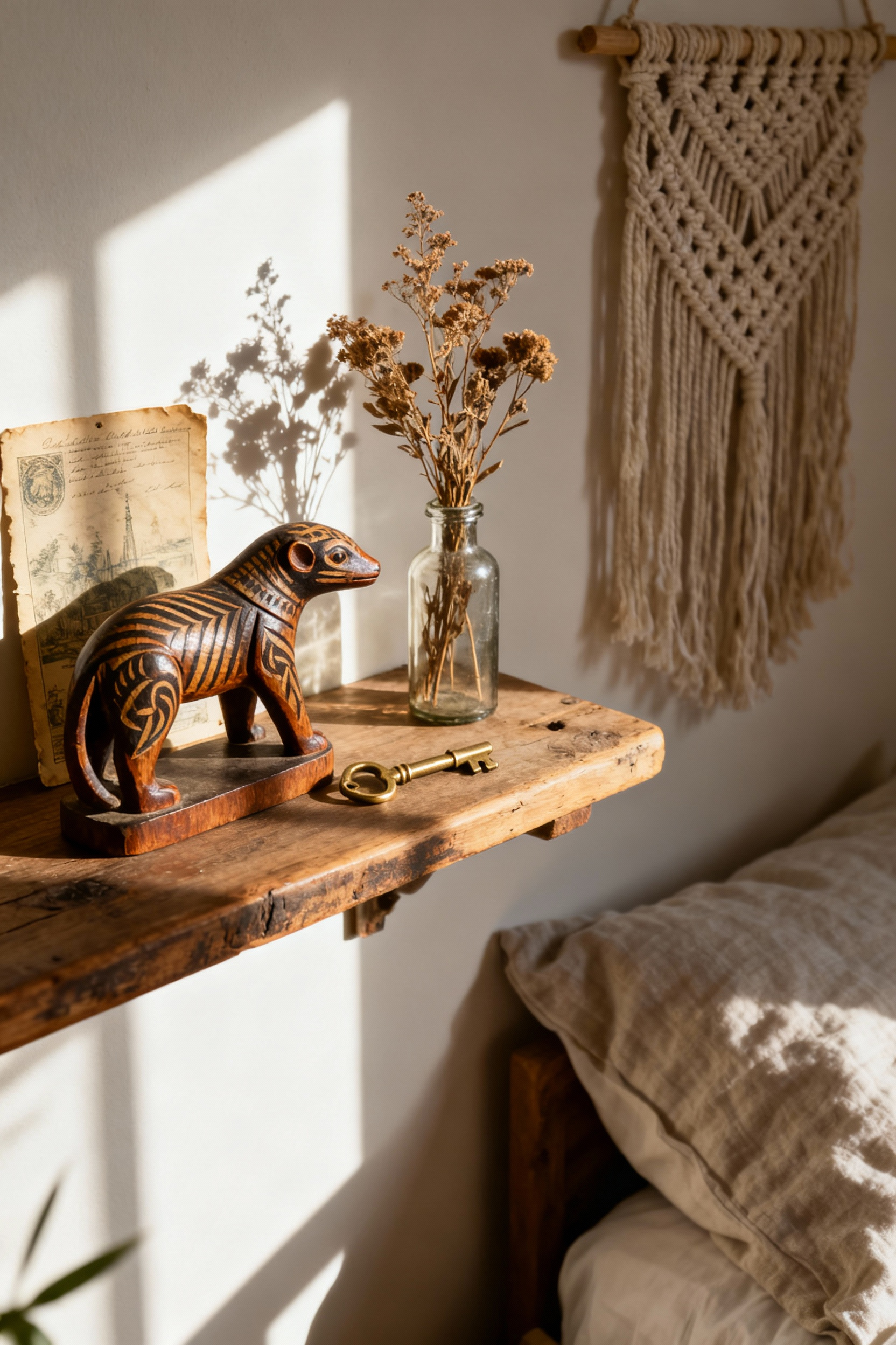 Boho bedroom vignette with hand-collected travel trinkets, including a small wooden statue, antique key, dried plant, and vintage postcard, on a rustic shelf in warm natural light.