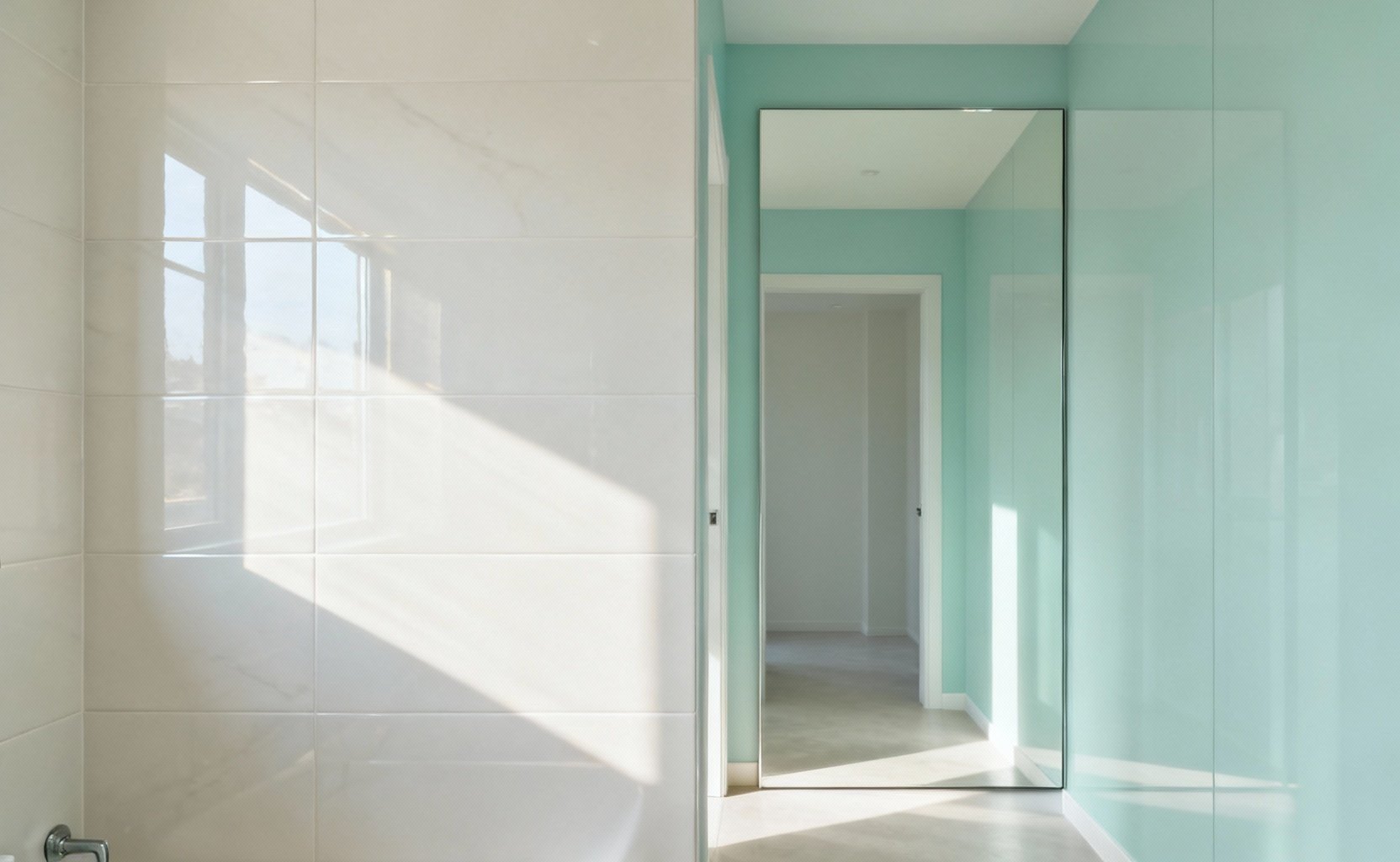 Small bathroom with light-reflecting off-white and muted aqua walls, large frameless mirror, and polished tiles, showcasing an expansive and serene color palette.