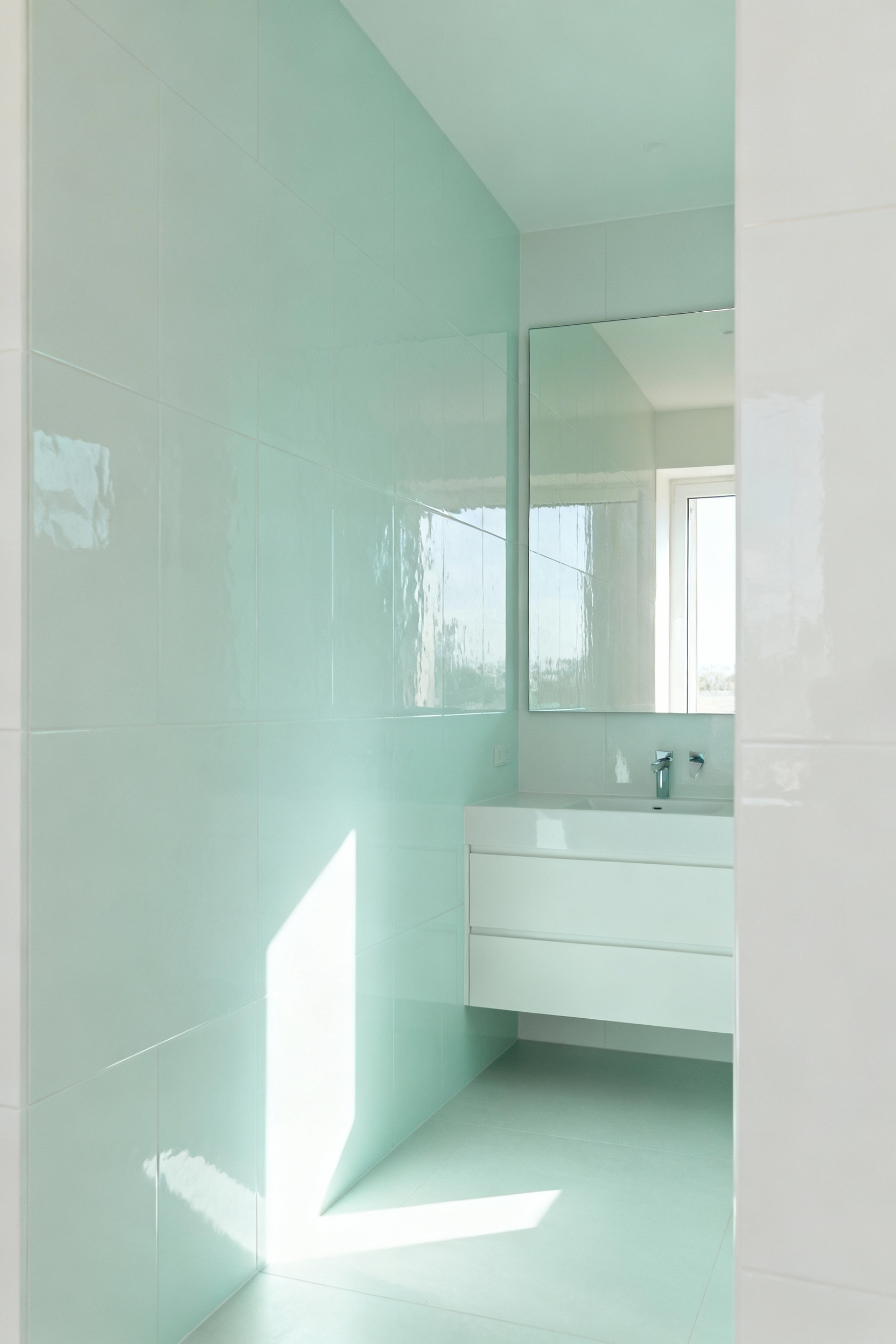 Small bathroom with light-reflecting off-white and muted aqua walls, large frameless mirror, and polished tiles, showcasing an expansive and serene color palette.