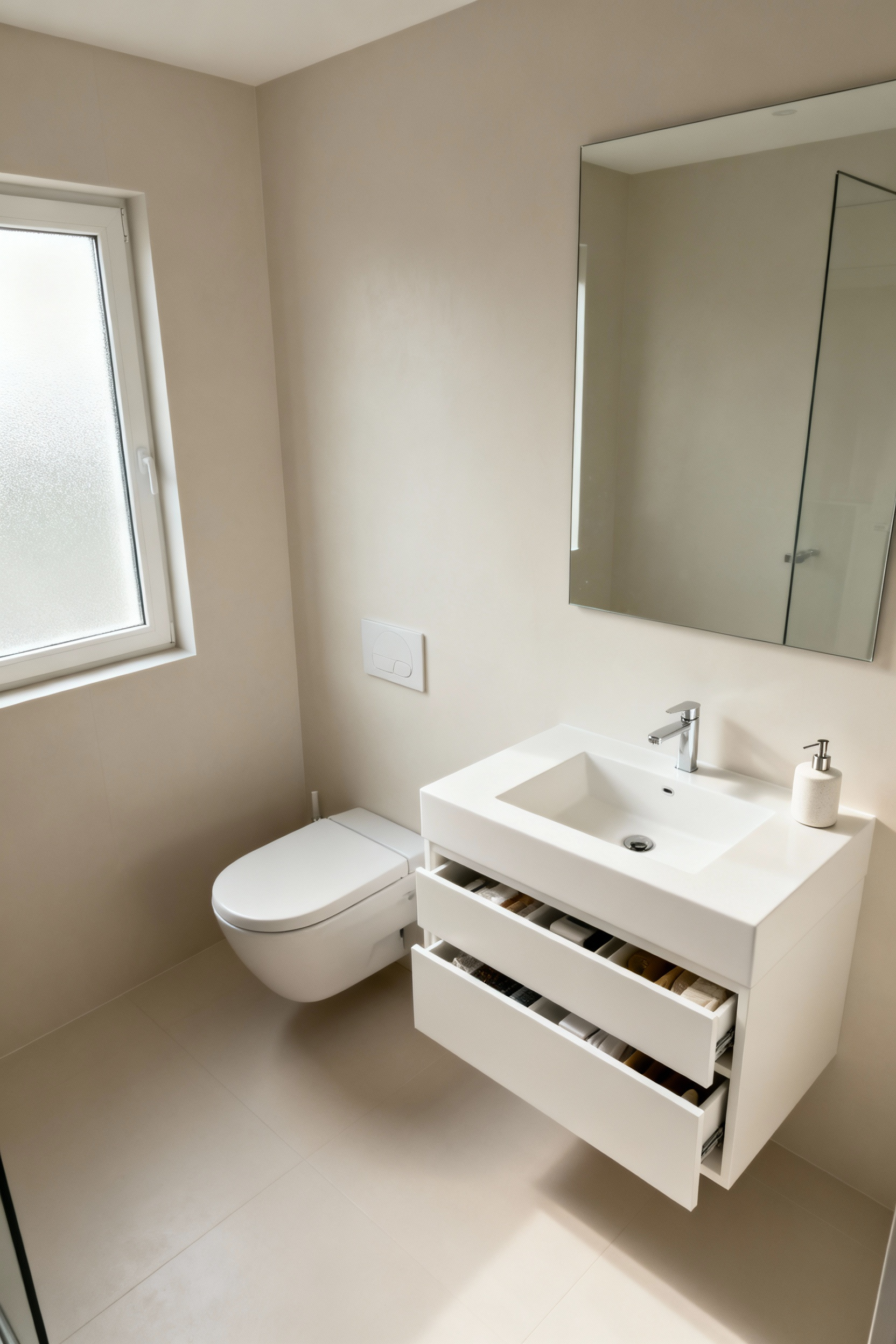 Pristine small bathroom with floating vanity, wall-mounted toilet, integrated storage, and large mirror reflecting natural light, showcasing intentional decluttering for an unobstructed visual flow and sense of spaciousness.