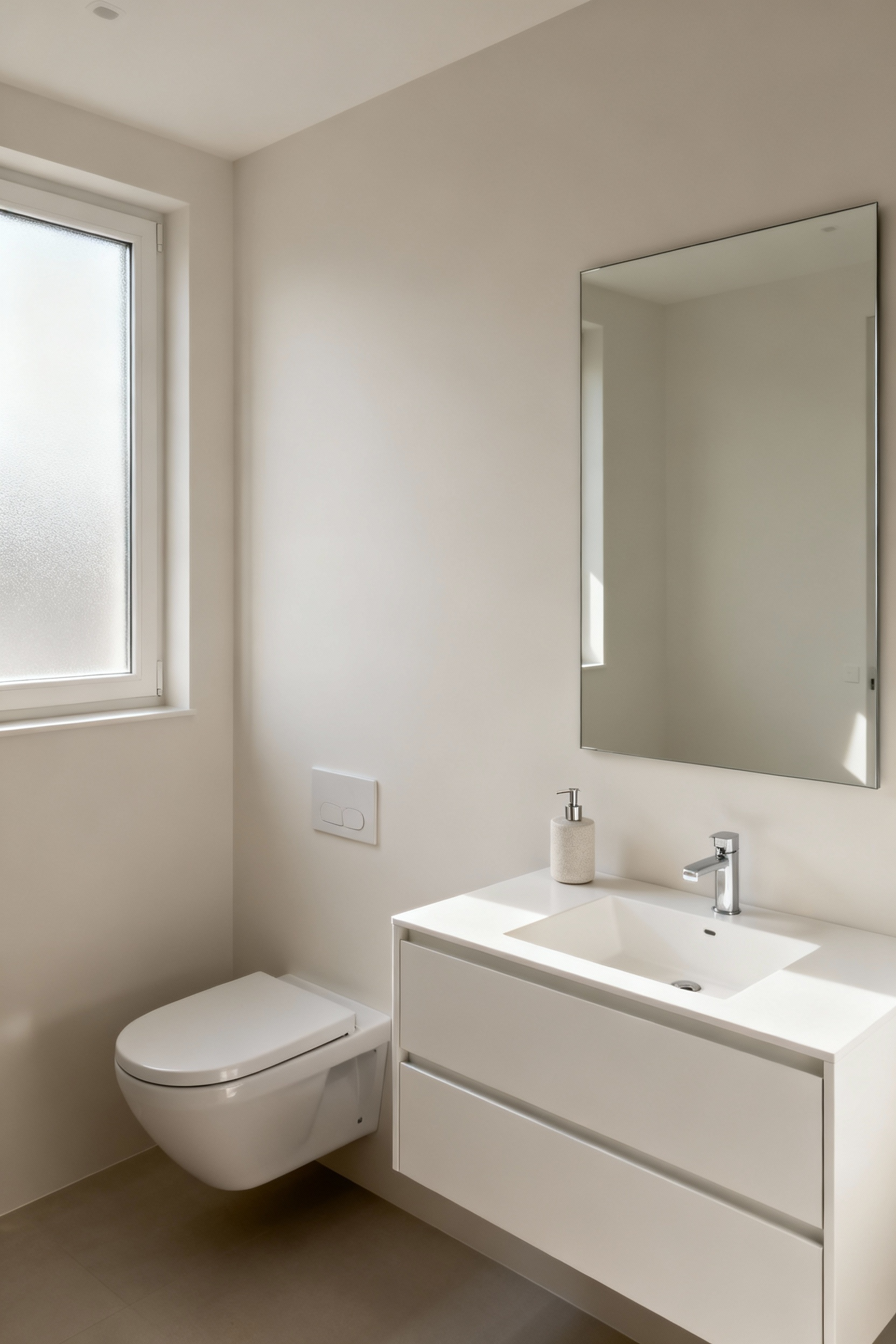 Pristine small bathroom with floating vanity, wall-mounted toilet, integrated storage, and large mirror reflecting natural light, showcasing intentional decluttering for an unobstructed visual flow and sense of spaciousness.