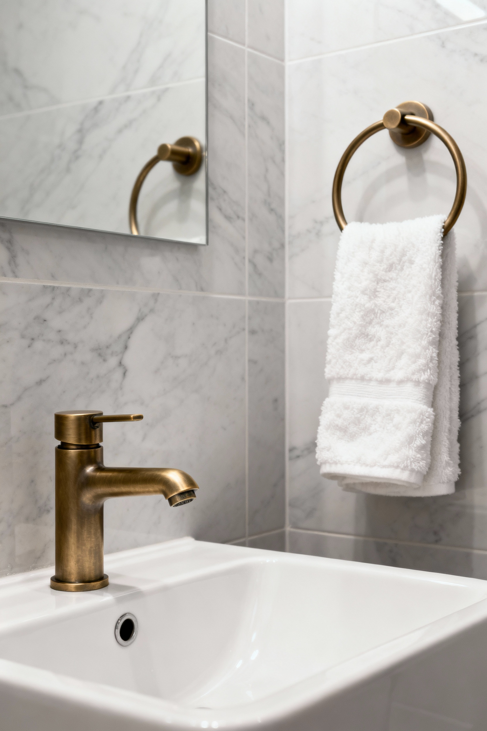 Close-up of a modern small bathroom with a sleek brushed brass faucet and elegant matching towel ring against a backdrop of minimalist white tiles, emphasizing a sophisticated single fixture upgrade.