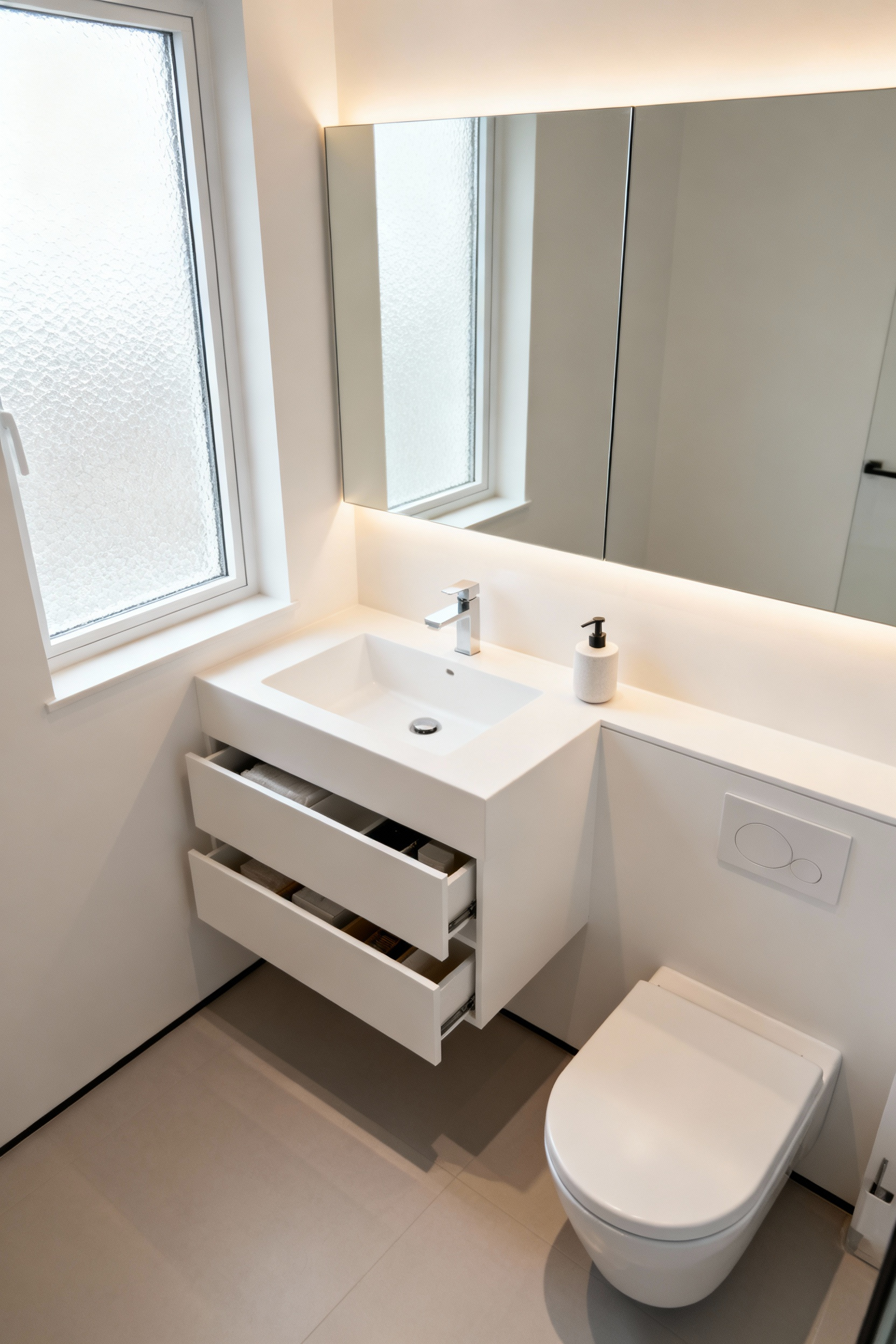 Pristine small bathroom with floating vanity, wall-mounted toilet, integrated storage, and large mirror reflecting natural light, showcasing intentional decluttering for an unobstructed visual flow and sense of spaciousness.