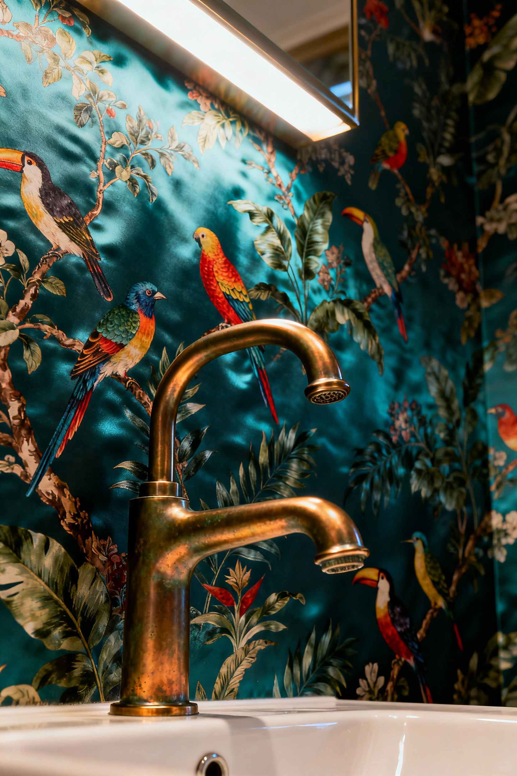 Elegant unlacquered brass faucet against a dramatic teal chinoiserie bathroom wallpaper accent wall, showcasing harmonious hardware finishes.