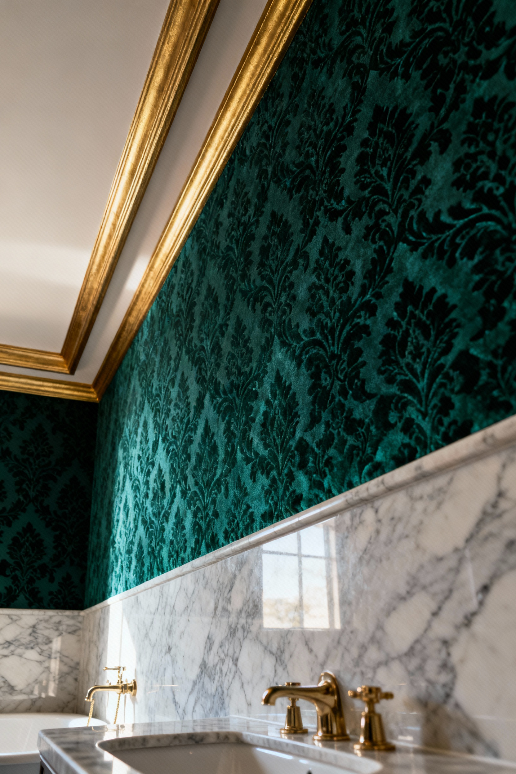 Luxury bathroom with emerald damask wallpaper meeting marble vanity and gilded cornice, showcasing seamless edge transitions.