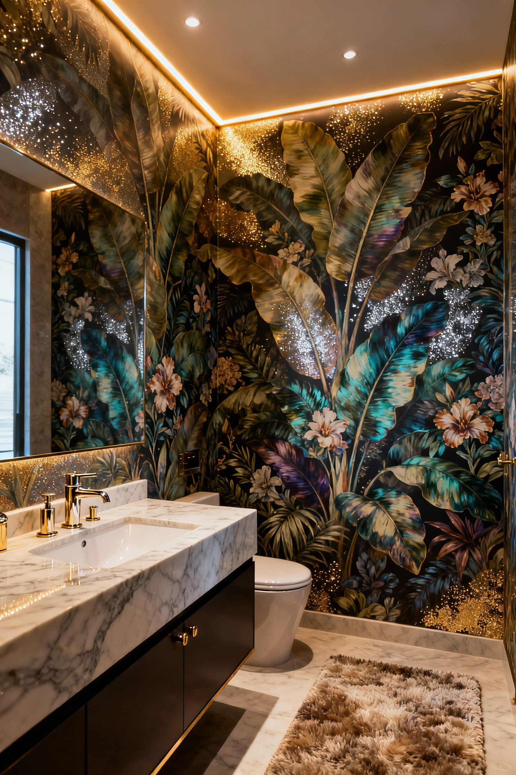 Luxurious bathroom accent wall with intricate botanical wallpaper featuring exotic plants and flowers, bathed in soft light, reflecting biophilic design grandeur.
