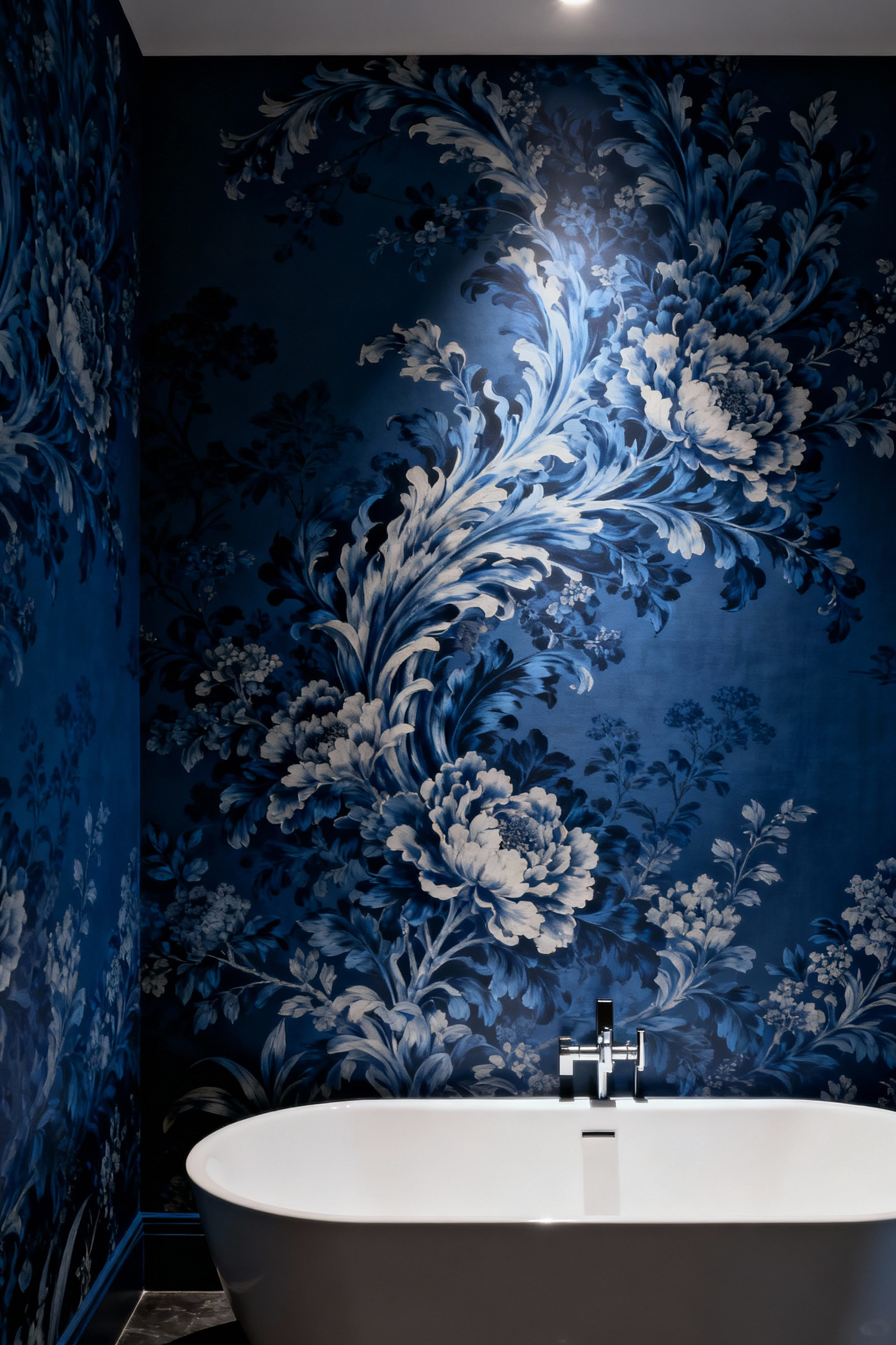 Maximalist bathroom accent wall with a large-scale blue wallpaper pattern demonstrating proportional dominance through calibrated scale and repeat, enhancing spatial perception.