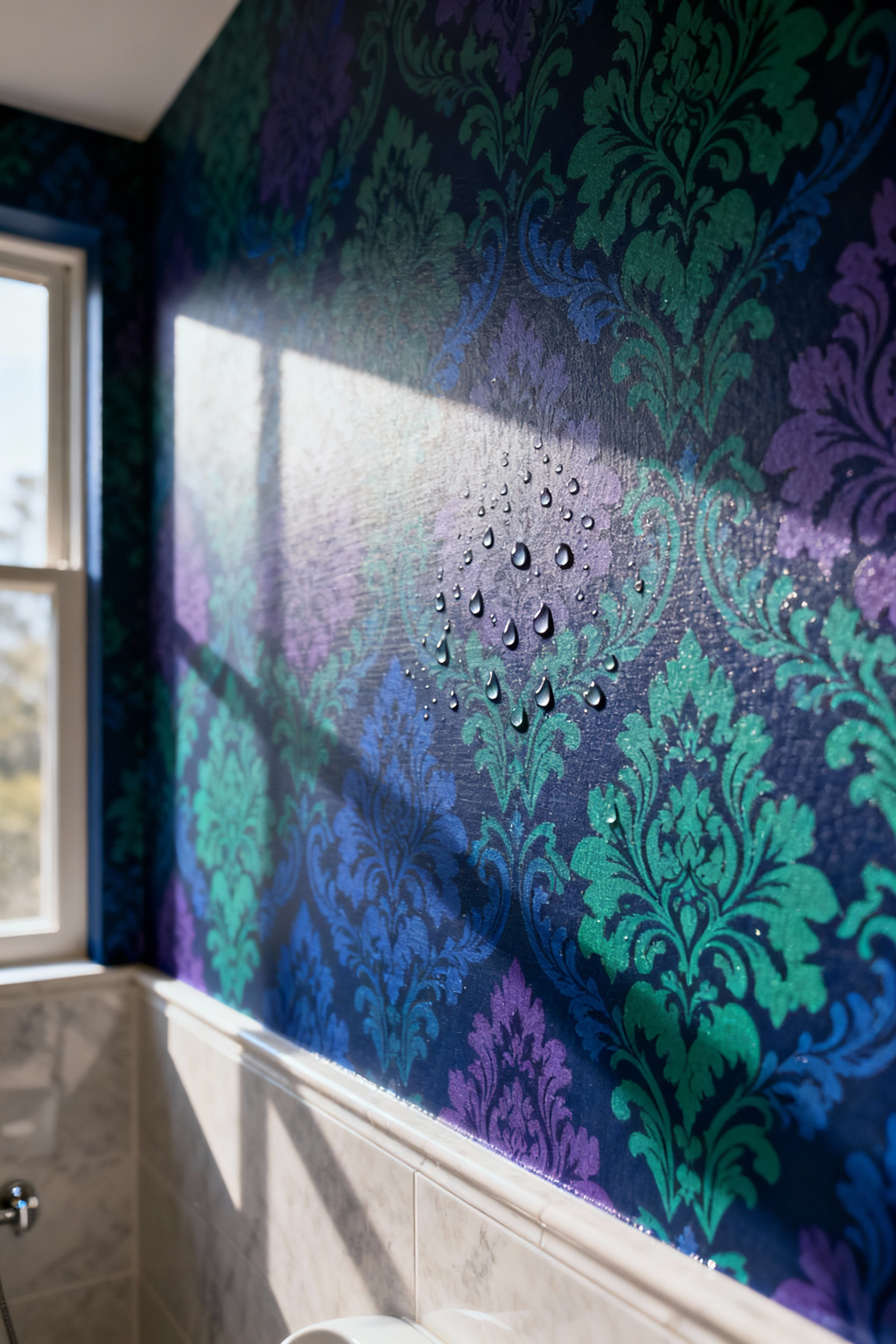 Close-up of vibrant, pattern-rich moisture-resistant wallpaper in a luxurious bathroom, showcasing water beading on its hydro-shield surface.