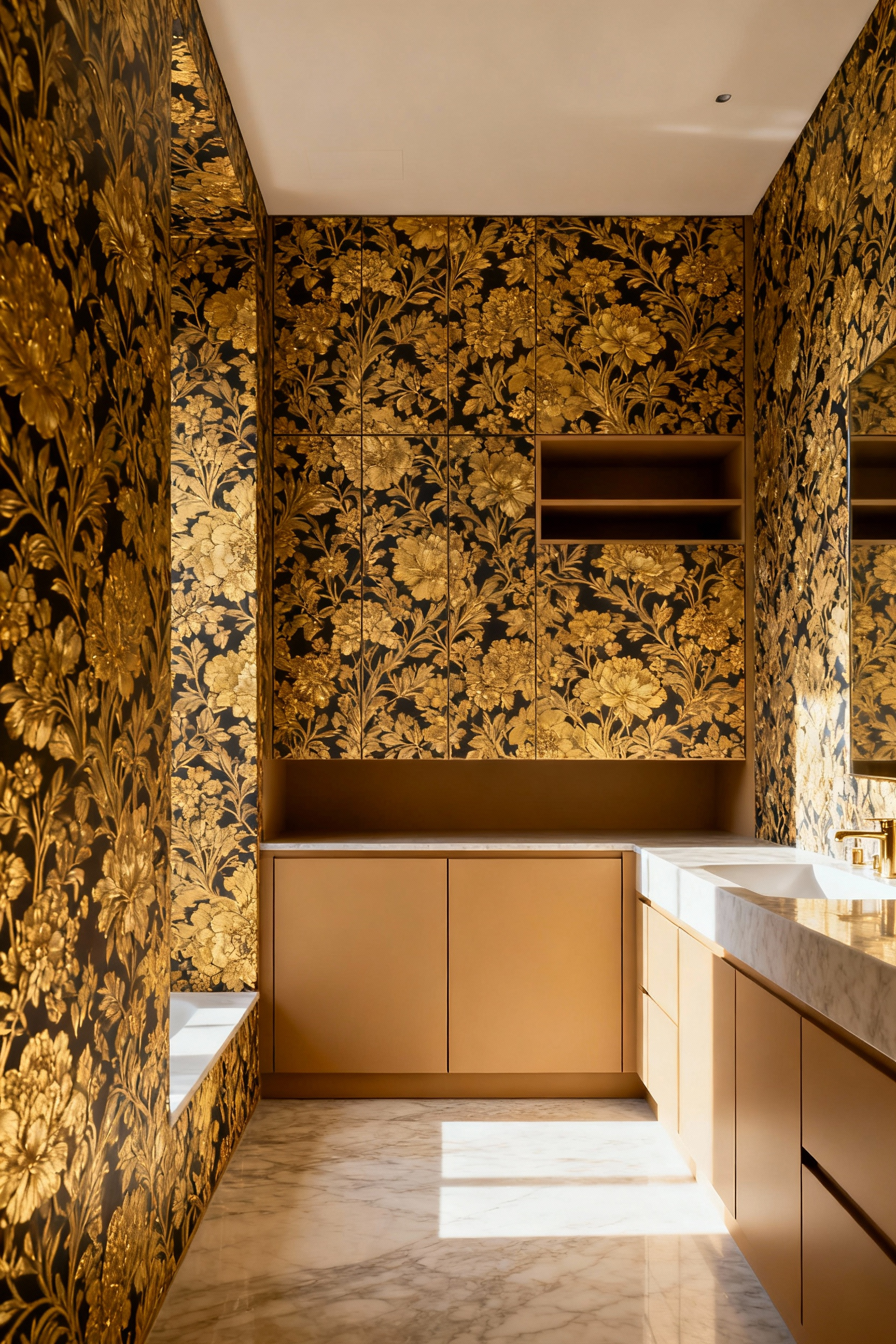 Maximalist bathroom featuring an intricate floral wallpaper accent wall and integrated, flush, handle-less cabinetry designed to seamlessly blend in and preserve visual flow. Elegant and luxurious interior design with hidden storage.